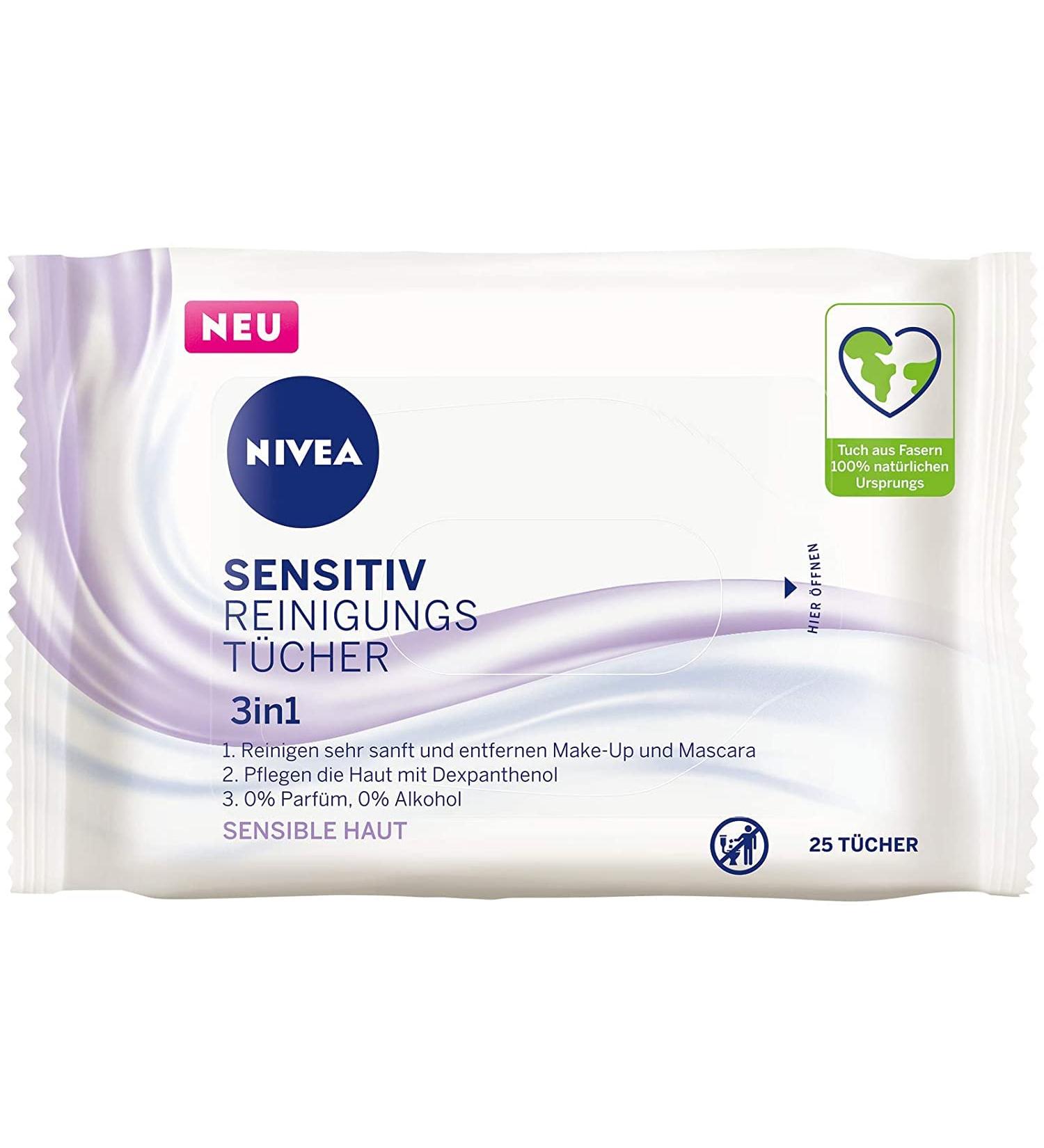 Nivea 3-in-1 Sensitive Cleaning Towels (25 pcs) - Gentle Makeup Wipes with Dexpanthenol for Sensitive Skin - Mild Facial Cleansing Cloths - Old Version - Buy Online on GoSupps.com