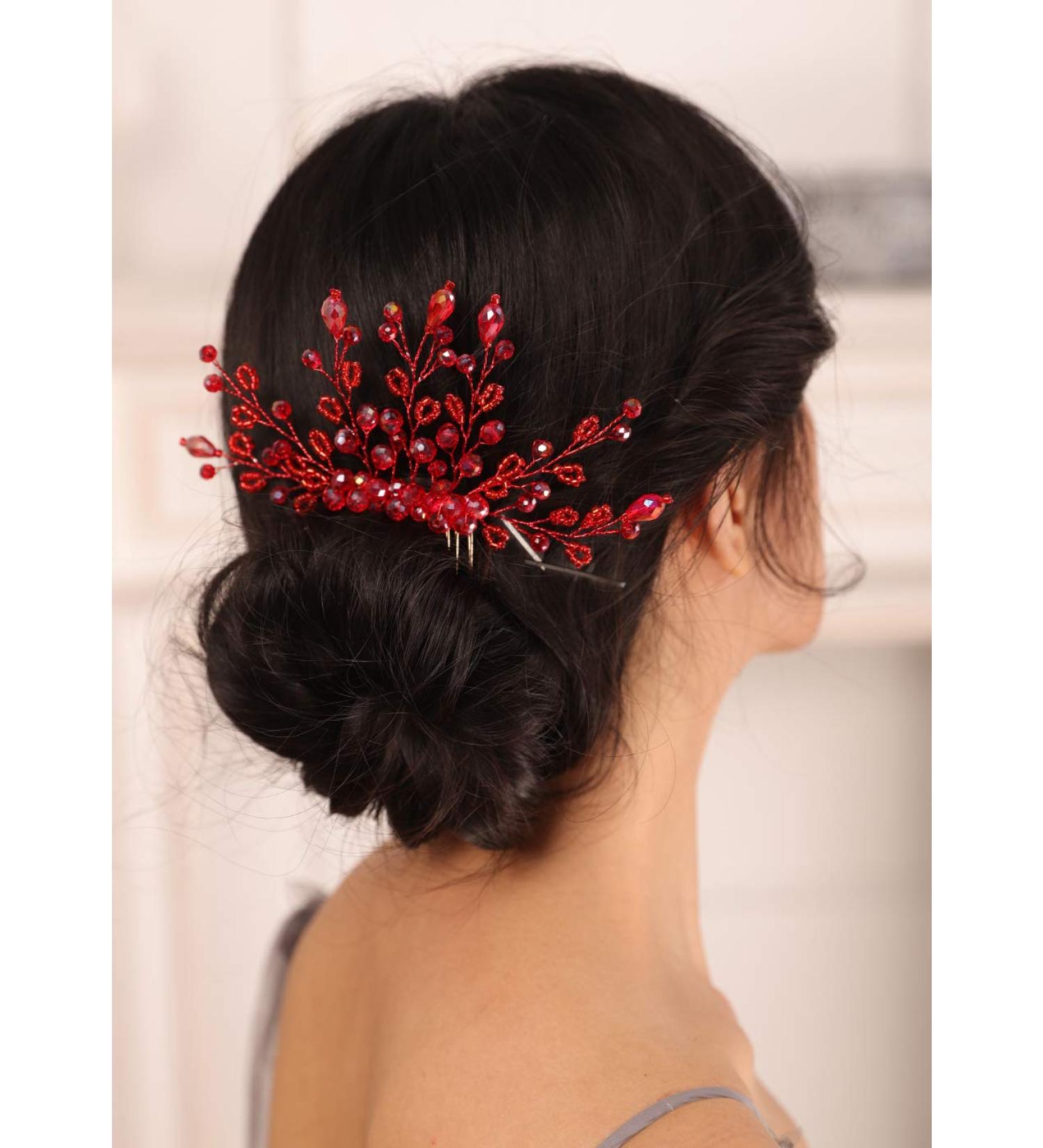 Kercisbeauty Red Crystal Beads Hair Comb for Wedding Brides Bridesmaid Special Occasion Women and Girls Hair Accessories Collection - Buy Online on GoSupps.com