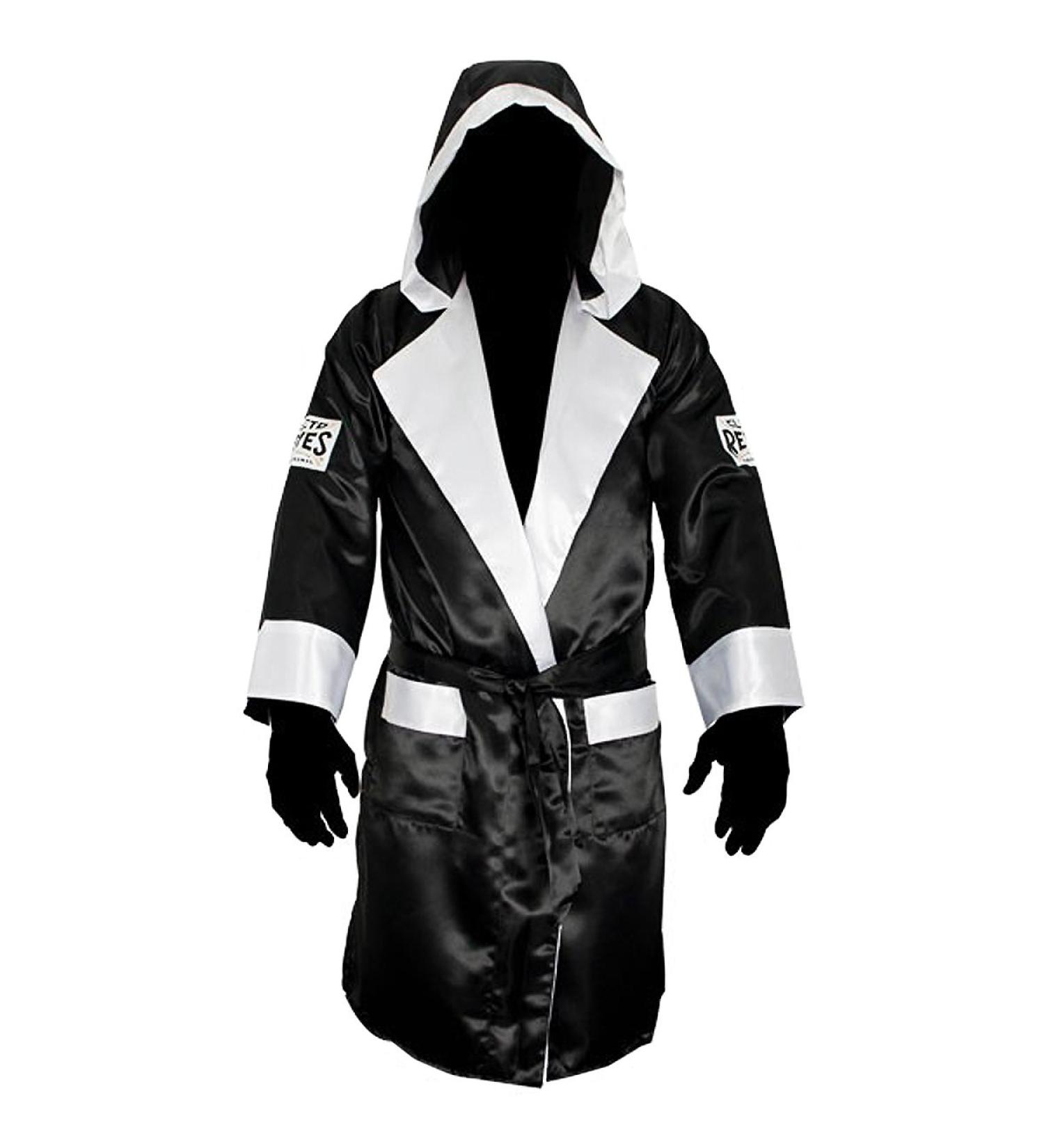 Cleto Reyes Satin Boxing Robe with Hood - Large - Black/White | Premium Boxing Apparel - Buy Online on GoSupps.com