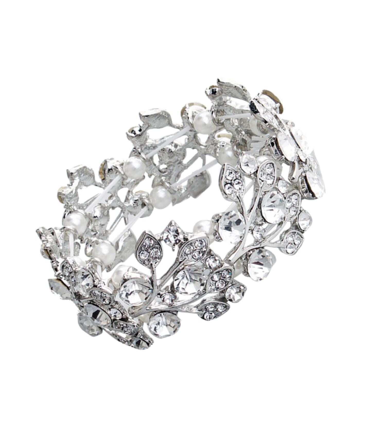 Clispeed Diamond Arm Band Women's Wedding Tennis Bracelet Cuff | Rhinestone & Pearl Design | Open Bangle | 6.5*3cm Silver - Buy Online on GoSupps.com