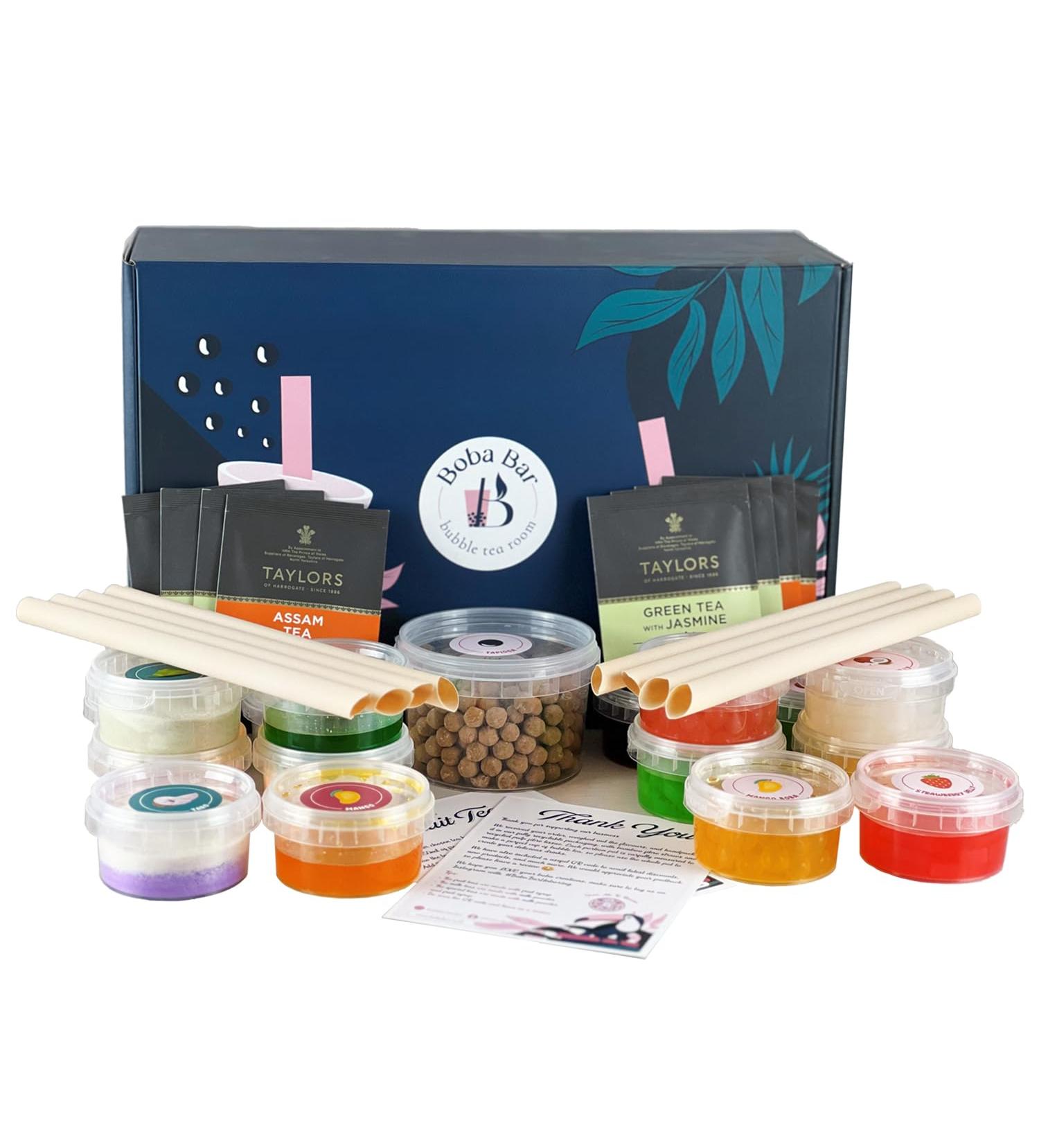Boba Bar London | Bubblicious Mixed Bubble Tea Kit | 8 Mixed Tea Flavours | 8 Boba & Jelly Toppings | Tapioca Pearls | 8 Bamboo Straws | 8 Tea Bags | 2 Recipe Cards Boba Bar London | Bubblicious Mixed Bubble Tea Kit | 8 Mixed Tea Flavours | 8 Boba & Jelly - Buy Online on GoSupps.com