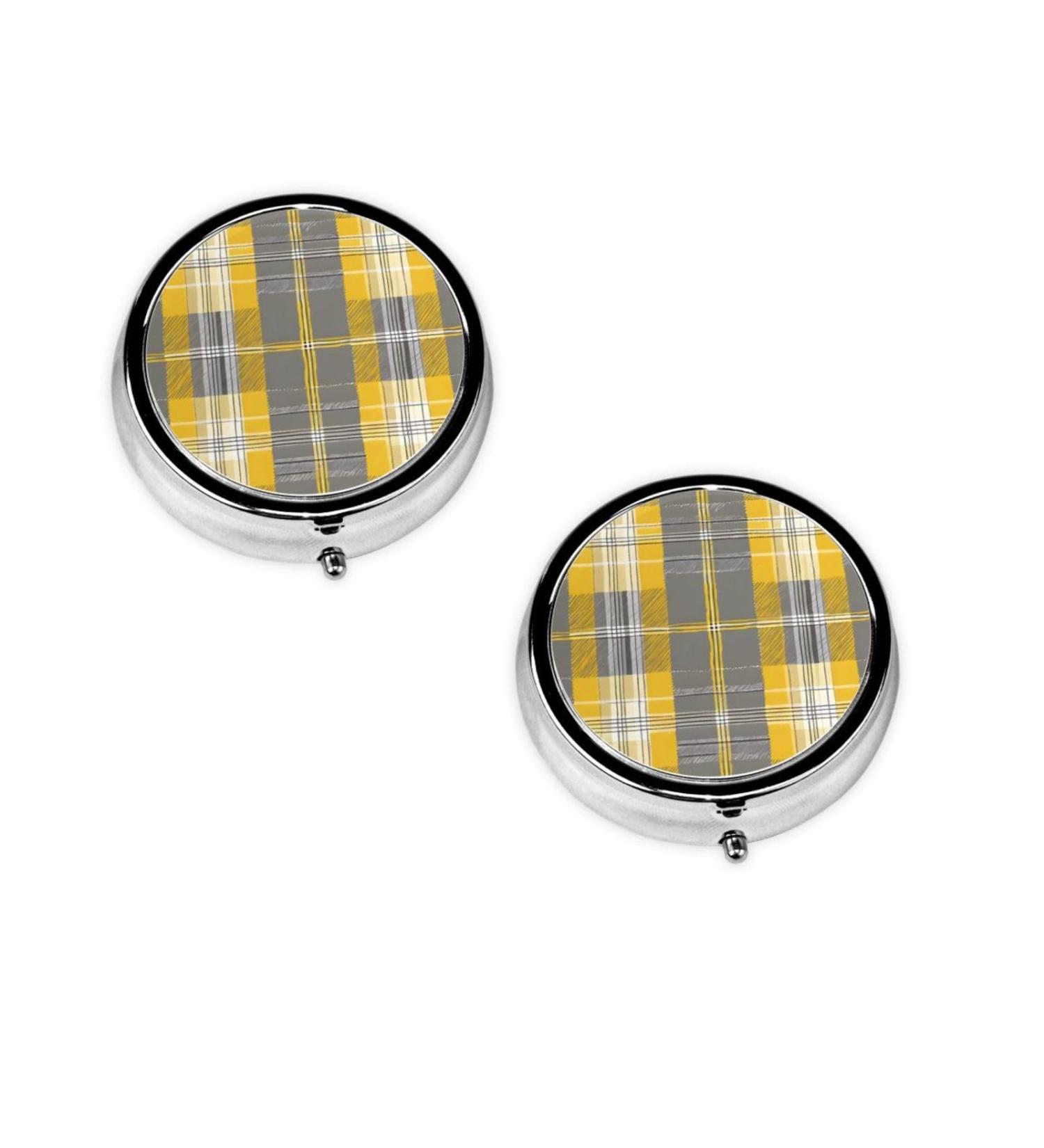 Yellow Gray Black Plaid Mini Round Pill Box | 3 Compartment Travel Pill Organizer | Portable Medicine Case for Home & Office - Buy Online on GoSupps.com