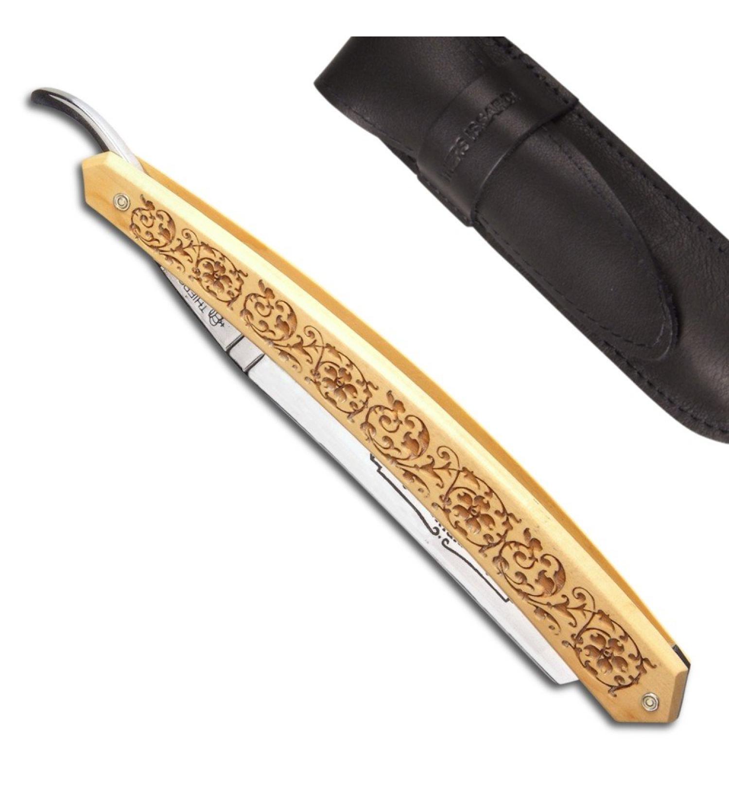 5/8 Straight razor with boxwood handle engraved with floral design - Direct from France