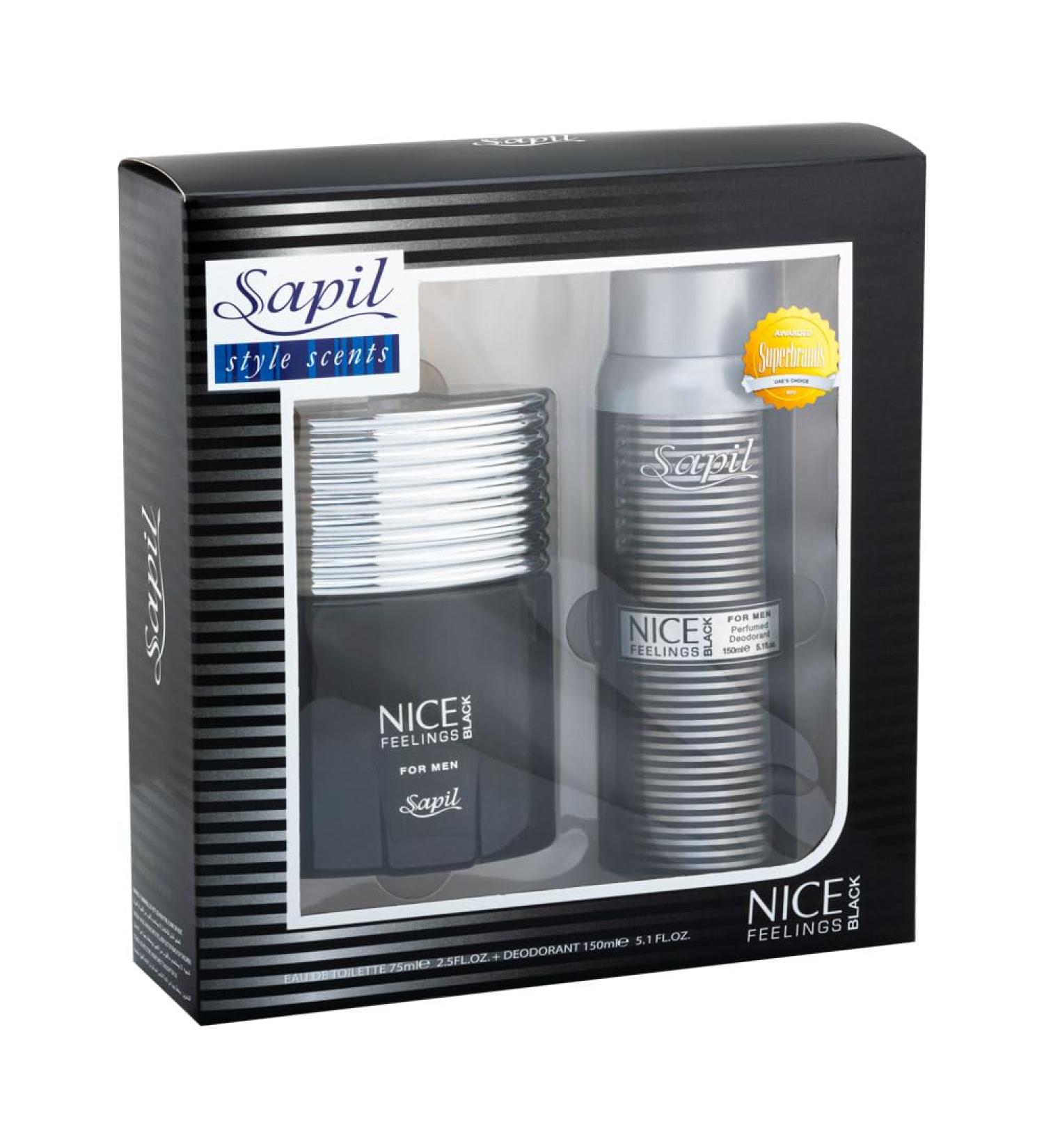 Sapil Nice Feeling Black - Eau De Toilette and Deodorant Spray For Men - Evokes Power and Sensuality - Opens with Citrus Notes - Beautiful Giftset Box - Perfect for Gift Giving Occasion - 2 Pc