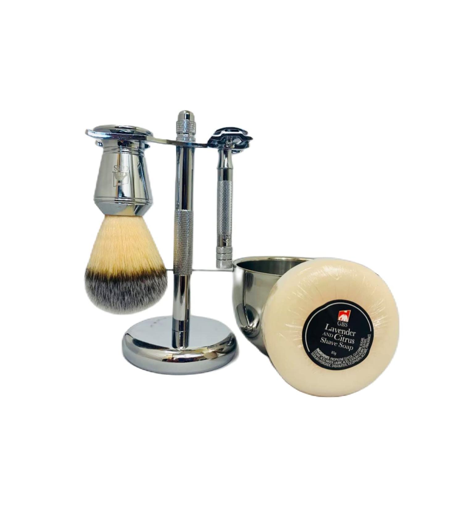 G.B.S Men's Shaving Set Short Handle Safety Razor Shaving Brush Chrome Dual Stand for Razor and Brush Shaving Bowl Shave Soap Sandalwood Aftershave Balm Pre-Shave Oil