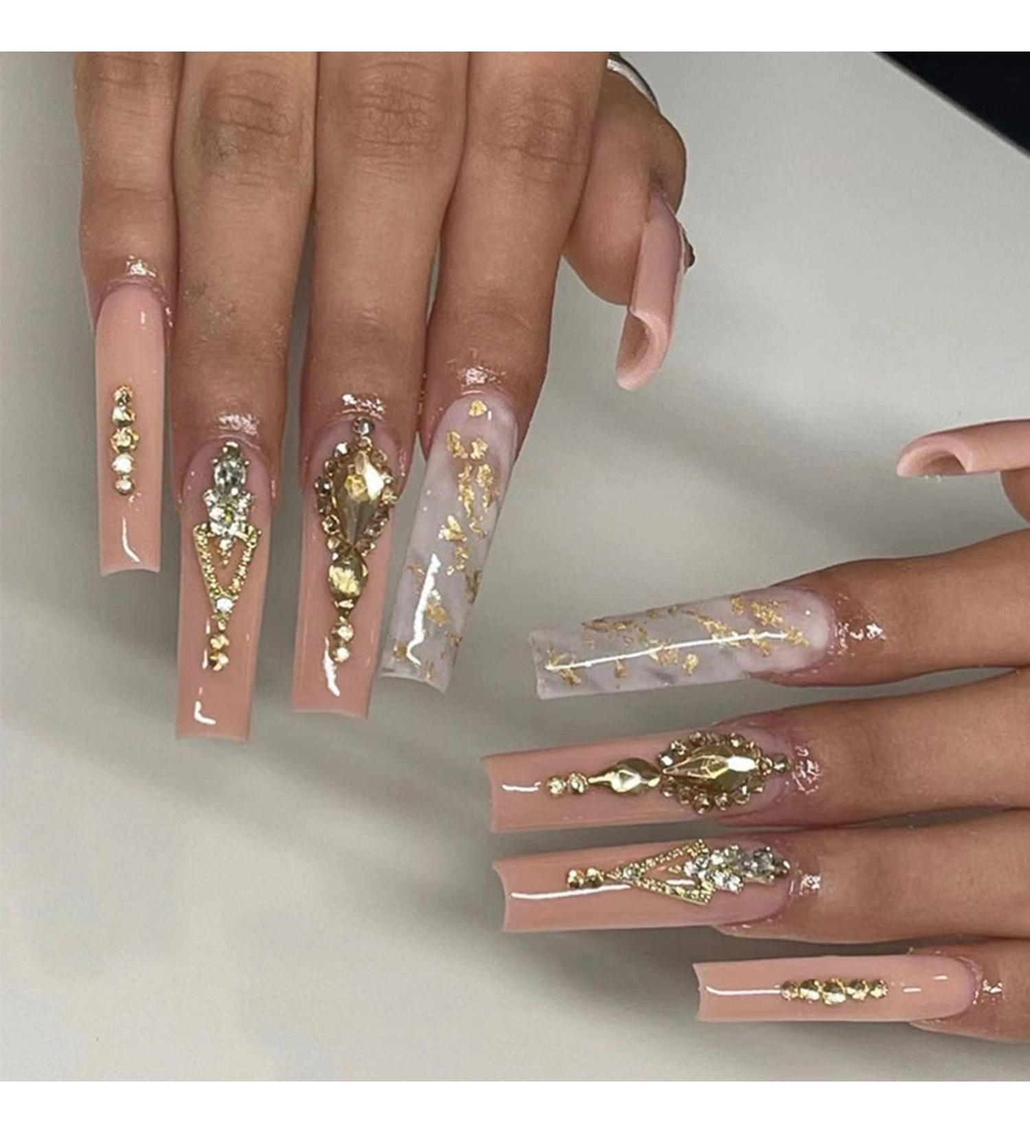 Justotry 24 Pieces Coffee Rhinestone French Ballerina Press On Nails - Marble Short Fake Nails for Women - Buy Online on GoSupps.com