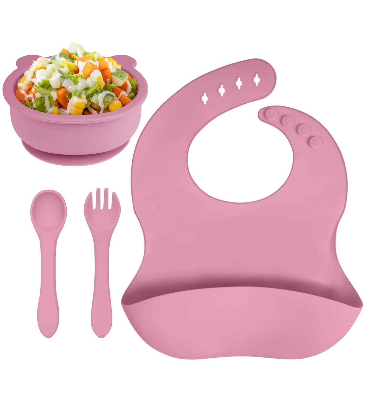 Vicloon Baby Weaning Set 4 Pcs | Silicone Feeding Set with Suction Plate, Bowl, Bib, Spoon & Fork | BPA Free | Toddlers & Kids Bowl Set | Pink Bear Sucker Bowl - Gift for Kids - Buy Online on GoSupps.com