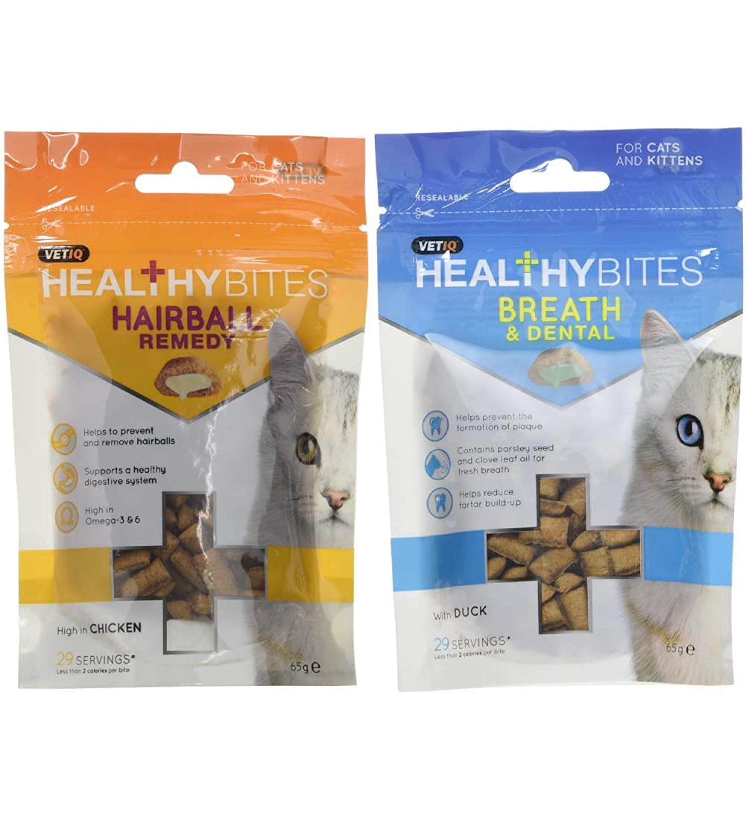 VetIQ Healthy Bites Hairball Remedy For Cats and Kittens 65g - Pack of 8 & Healthy Bites Breath & Dental For Cats & Kittens 65g - Pack of 8 + Breath & Dental For Cats - Pack of 8 - Buy Online on GoSupps.com