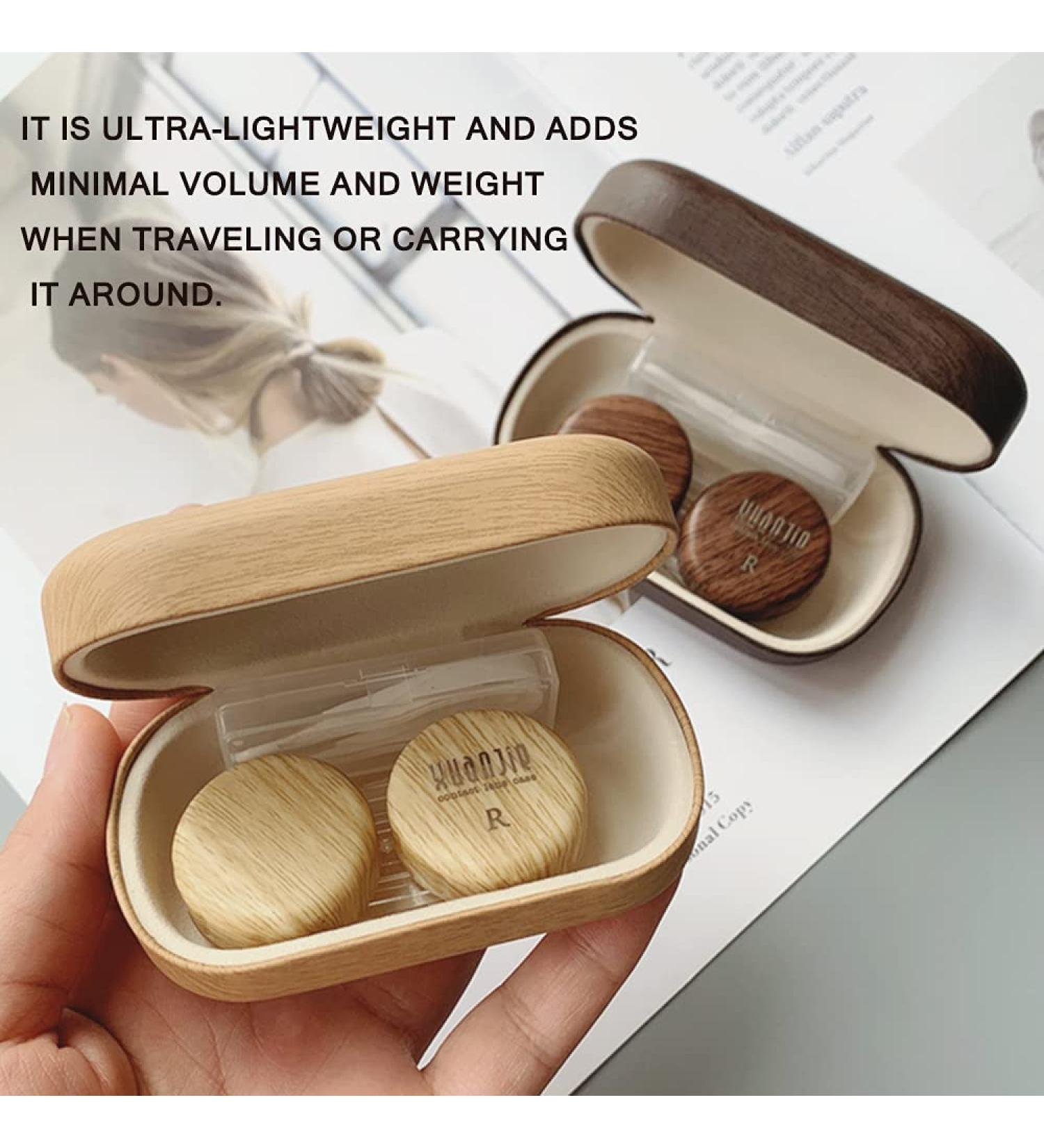 Caruncoo Wood Grain Contact Lens Case - Portable Travel Contact Box with Mirror - Elegant Brown (4-Pack) - Buy Online on GoSupps.com