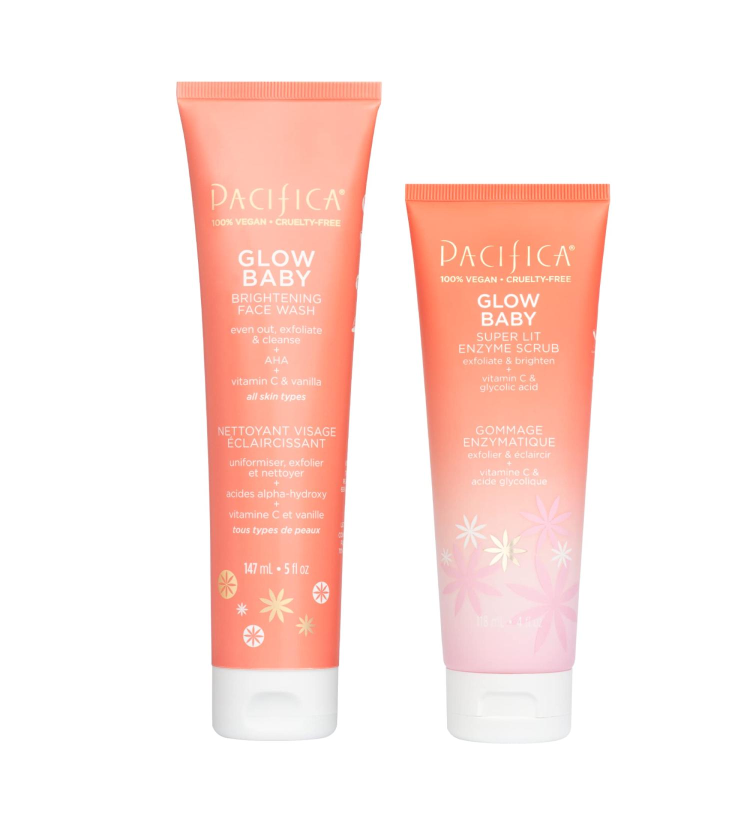 Pacifica Beauty  Glow Baby Brightening Face Wash & Enzyme Face Scrub  Vitamin C  Glycolic Acid  AHA  Vitamin E  Cleanser  Exfoliator  Soft & Smooth  Clogged Pores  Gentle on Skin  Vegan