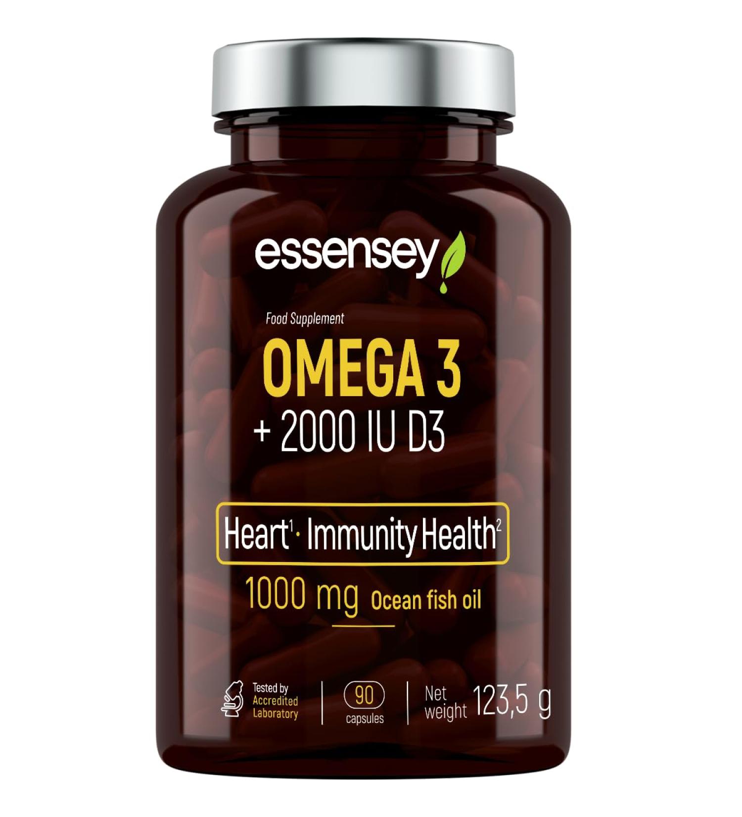 ESSENSEY ESSENSEY - Omega 3 2000 IU | 1000 mg of fish oil per capsule | 90 capsules | Vitamin D3 | with EPA and DHA (as triglycerides) | 90 daily doses | Easy to swallow | Lab tested