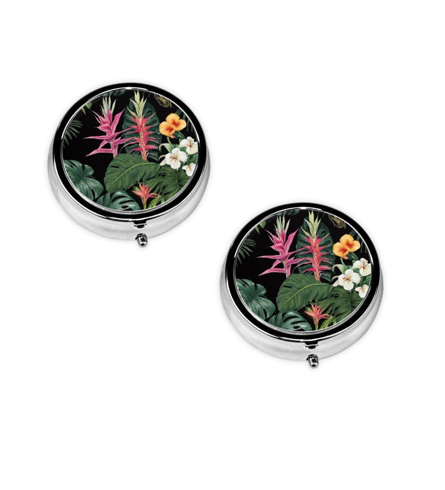 Tropical Flowers Mini Round Pill Box - 3 Compartment Travel Organizer Portable Medicine Case for Home & Office - Buy Online on GoSupps.com