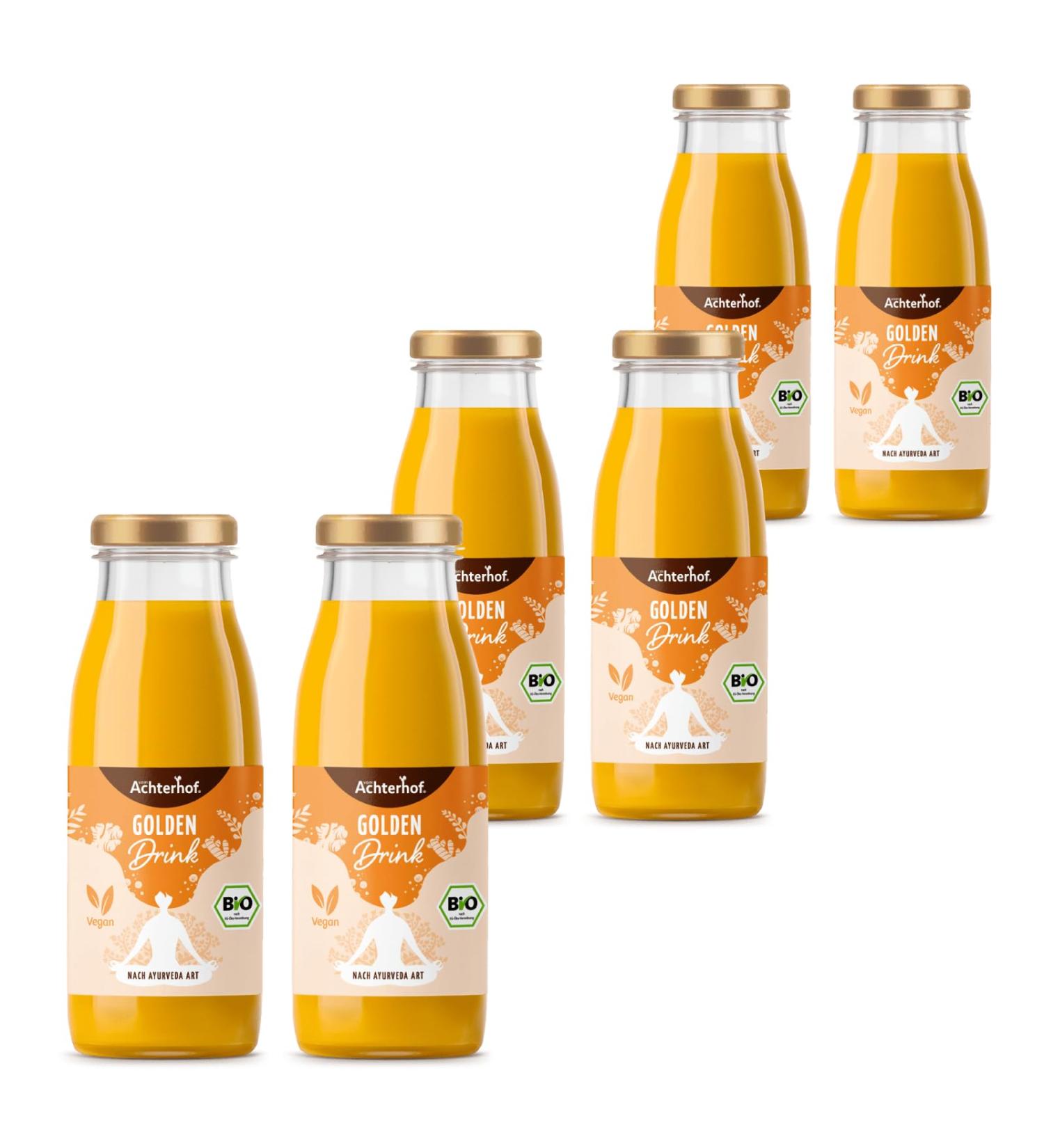 Golden Drink Bio - 6 Juice Shots with Turmeric Ginger & Ayurvedic Herbs | 250ml Bottles | International Shipping Available - Buy Online on GoSupps.com