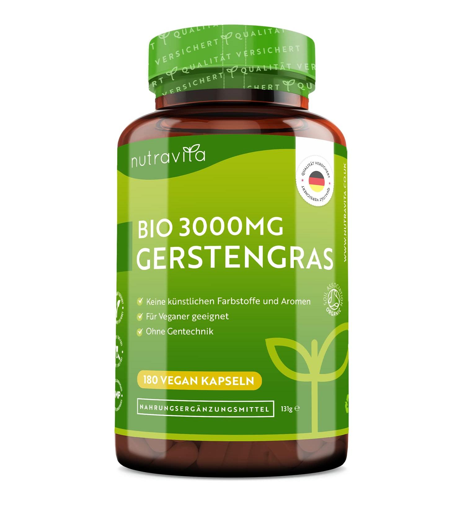 Organic Barley Grass Capsules - High Dose 3000mg - 180 Vegan Capsules - Pure Gerstengrass Powder - No Additives - Made by Nutravita - Buy Online on GoSupps.com