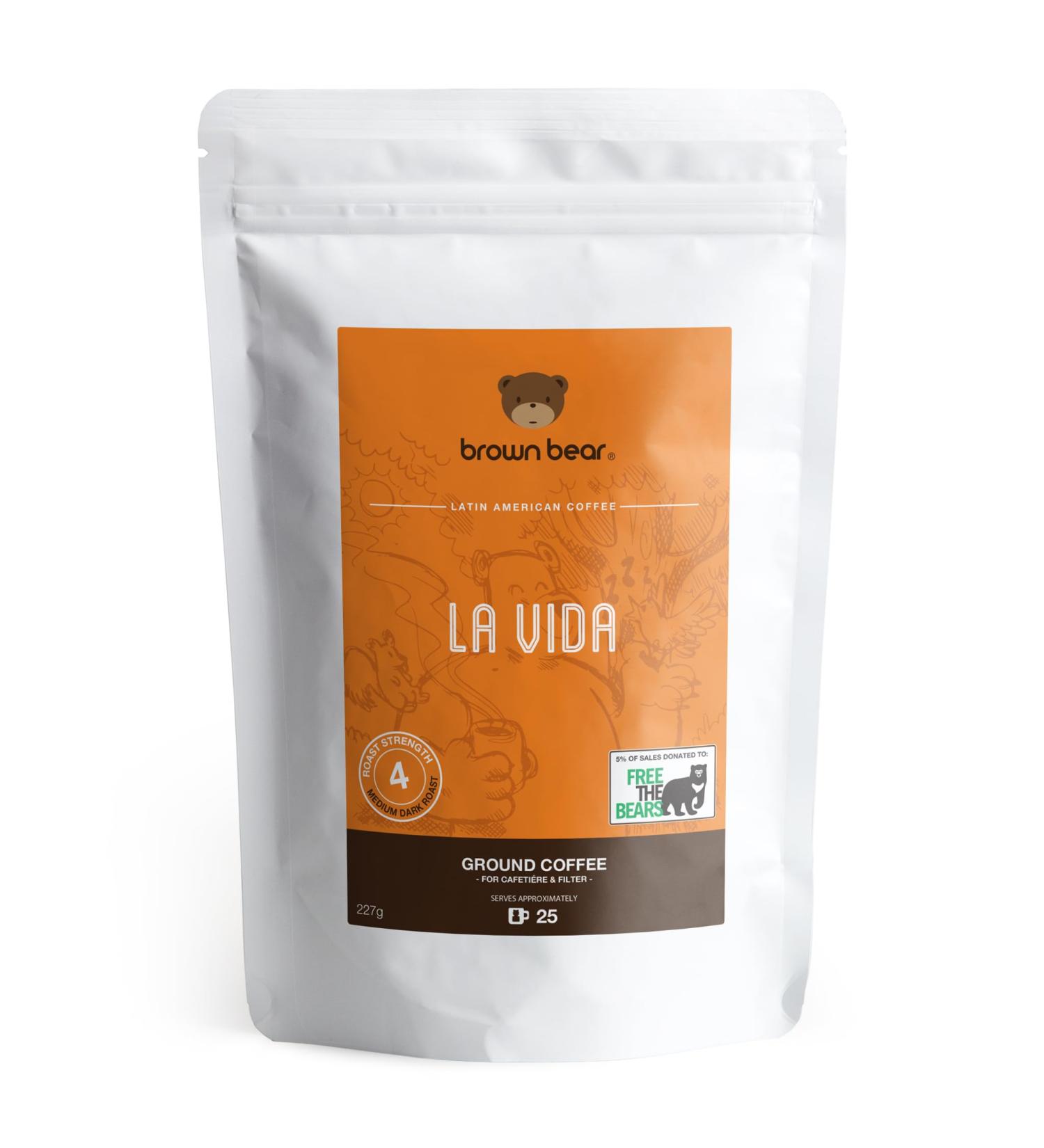 Brown Bear La Vida Blend Medium Dark Roast Strong Ground Coffee 227g - Strength 4 - Perfect for French Press, Cafetiere, Filter, Drip, V60, Aeropress - Supports Free The Bears - Caramel Flavor - 227g (1 Pack) - Buy Online on GoSupps.com