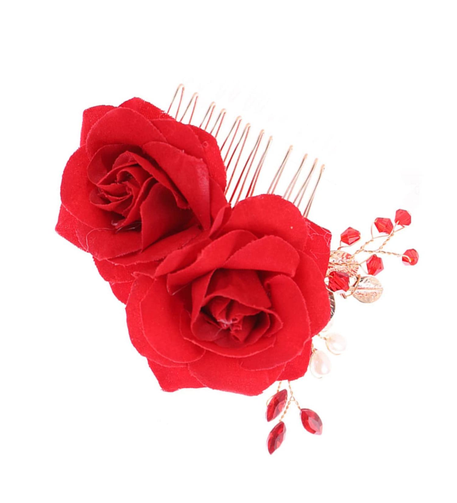 DOITOOL 1pc Red Flower Hair Clip Bridesmaids Crystal Hair Comb Hair Barrettes for Women Metal Rose Headwear for Women Bridal Floral Hair Headpiece Tiara Roses Women's Accessories - Buy Online on GoSupps.com