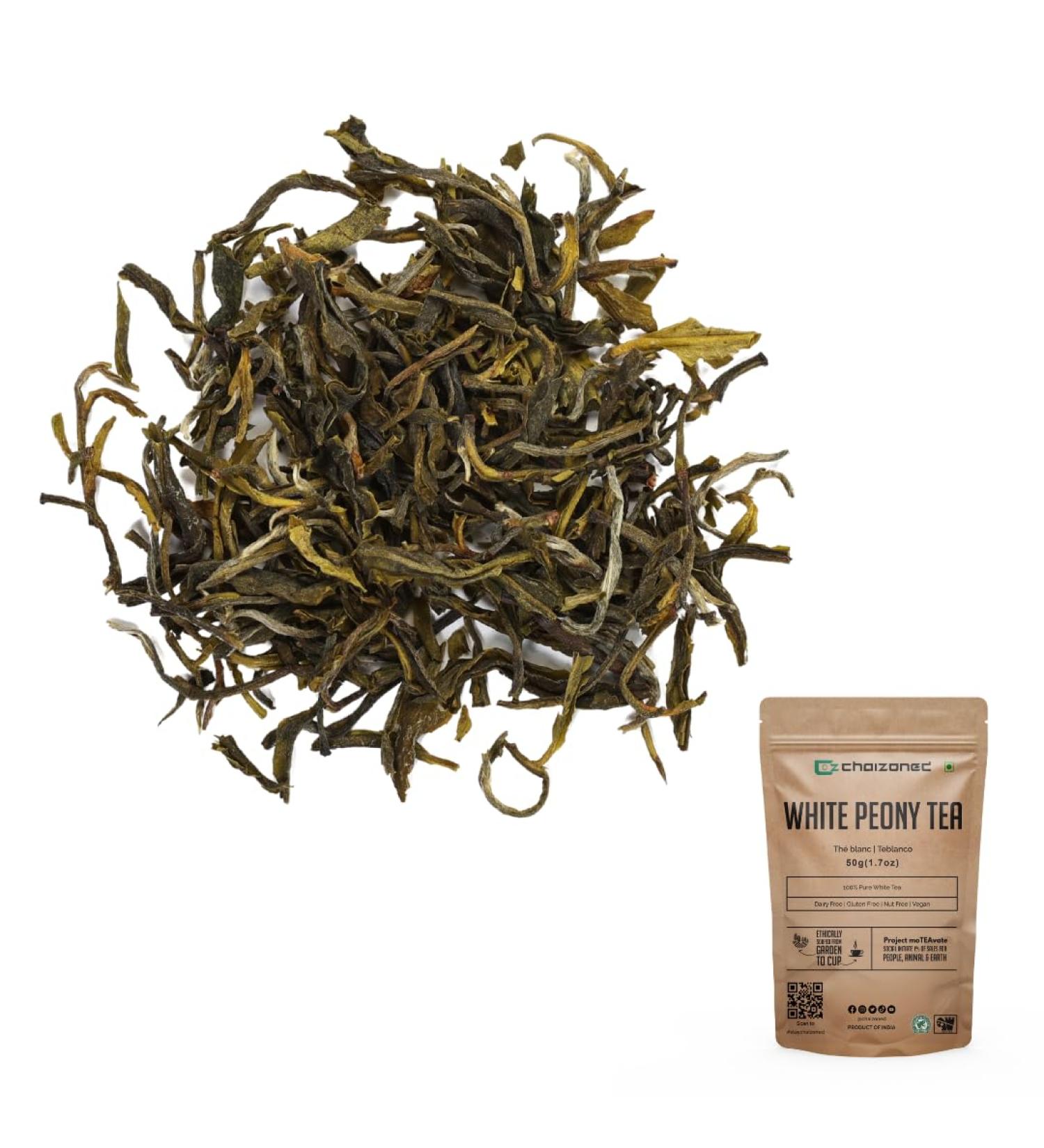 CHAIZONED White Peony White Tea | High Antioxidant Loose Leaf Tea | Overall Wellness & Soothing Properties | Handpicked from Indian Mountain | Hot Iced and Cold Brew | Brews up to 30 cups | 50g (1.7oz) White Peony Tea - Buy Online on GoSupps.com