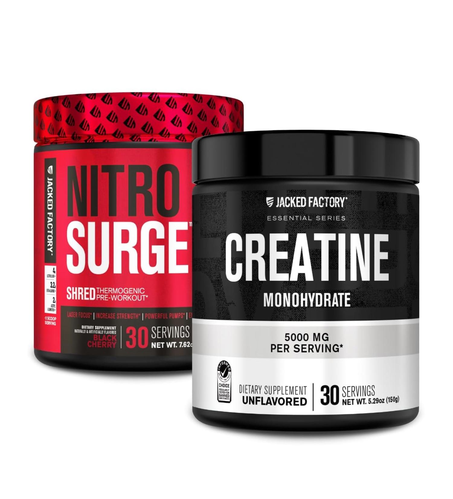 Jacked Factory NITROSURGE Shred Pre Workout Supplement (Black Cherry 30 Servings) & Creatine Monohydrate Powder (Unflavored 30 Servings) - Buy Online on GoSupps.com