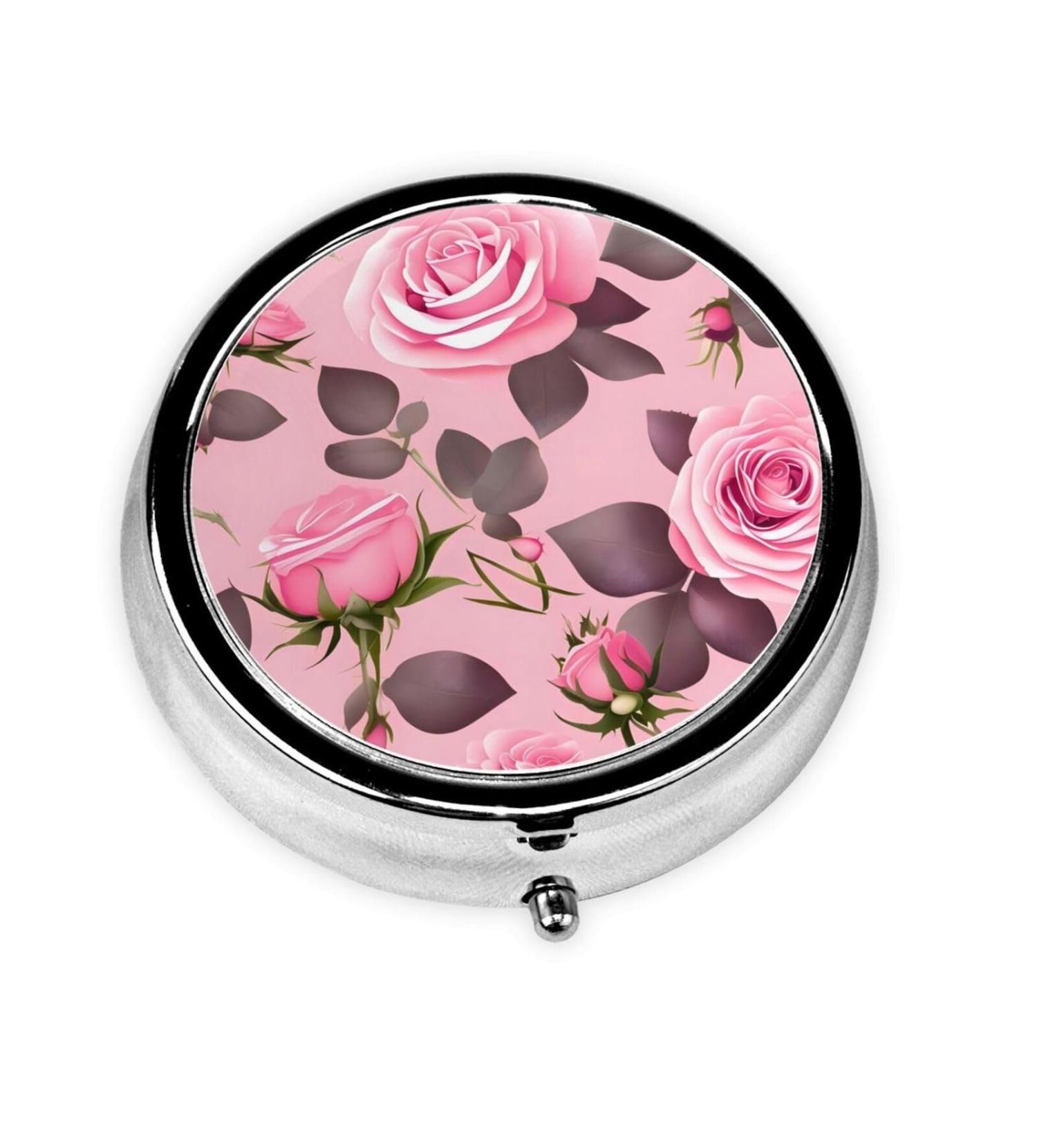 Pretty Pink Roses Round Pill Box - 3 Compartment Organizer & Portable Travel Pill Case | Perfect for Traveling - Buy Online on GoSupps.com