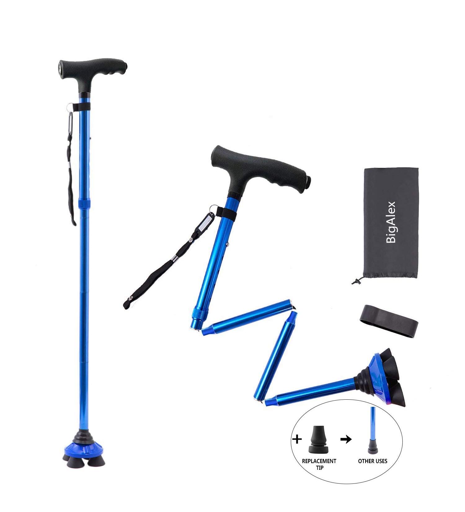 Folding Walking Cane with LED Light - Blue - Adjustable Stick for Men/Women - Includes Carrying Bag - Ideal for 4'9''-5'6'' Height - Buy Online on GoSupps.com
