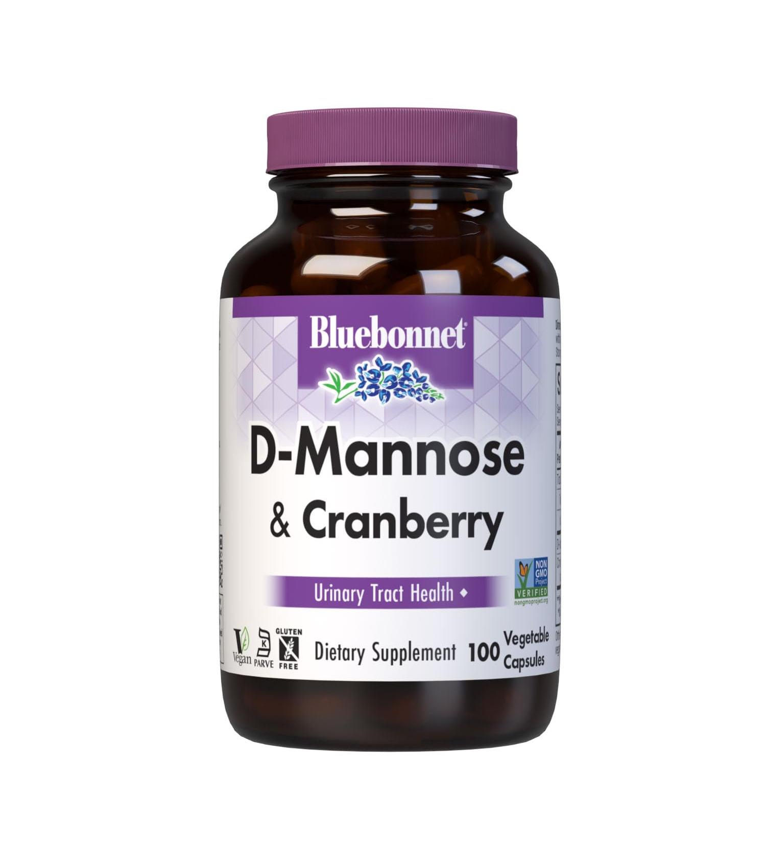 BlueBonnet Nutrition D-Mannose & Cranberry - Fast Acting Urinary Tract Support for Men & Women* - Non-GMO Vegan Kosher Gluten-Free - 100 Vegetable Capsules 50 Servings - Buy Online on GoSupps.com