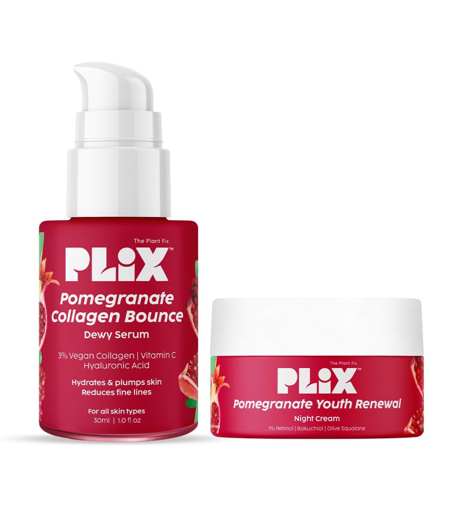 PLIX THE PLANT FIX PLIX The PLANT FIX Collagen Bounce Serum 30 ml and 120 Retinol Night Cream 50 g with Bakuchi Oil Antiaging Combo for reducing fine lines and wrinkles vegan collagen booster - Buy Online on GoSupps.com