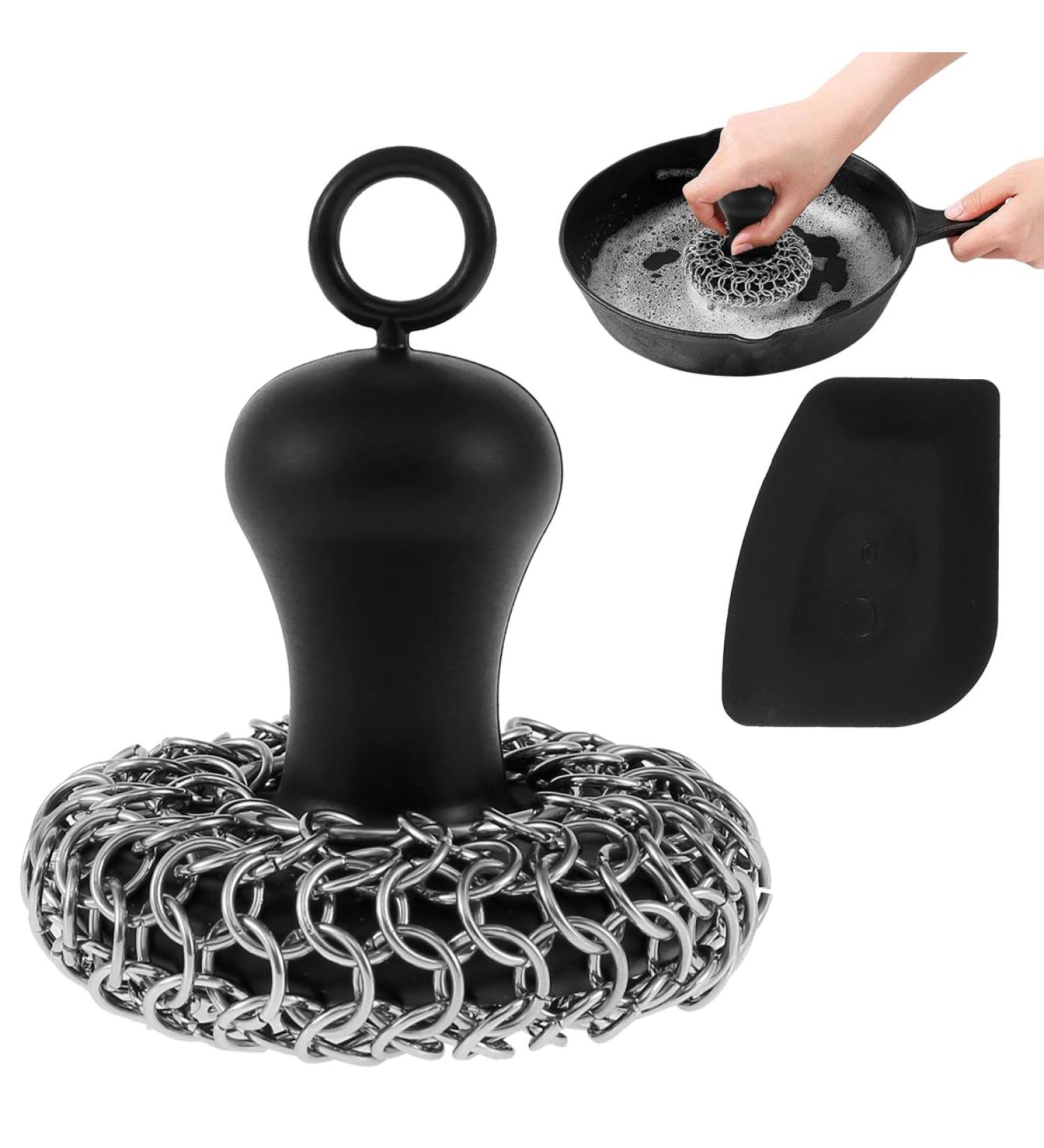LUCKQUE Cast Iron Scrubber Food Grade Stainless Steel Chainmail Scrubber with Heat Resistant Pan Scraper Anti-Rust Cast Iron Scrubber Brush with Handle Reusable Cast Iron Cleaner for Cookware - Buy Online on GoSupps.com