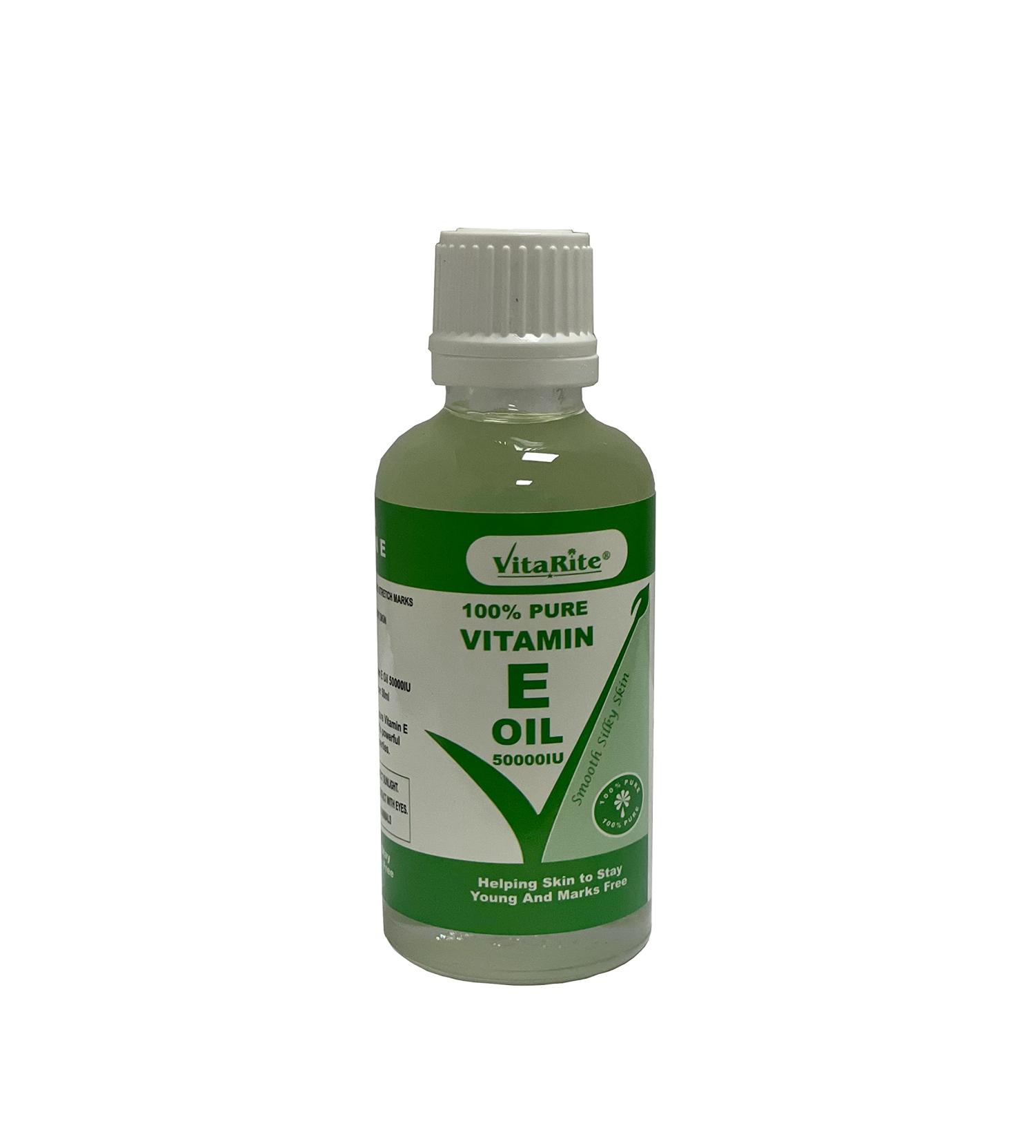 VitaRite Vitamin E Oil (100% Pure) 50ml Vegan Cruelty-Free for Hair Skin Face Stretch Marks Cuticles Hexane-Free GMO-Free