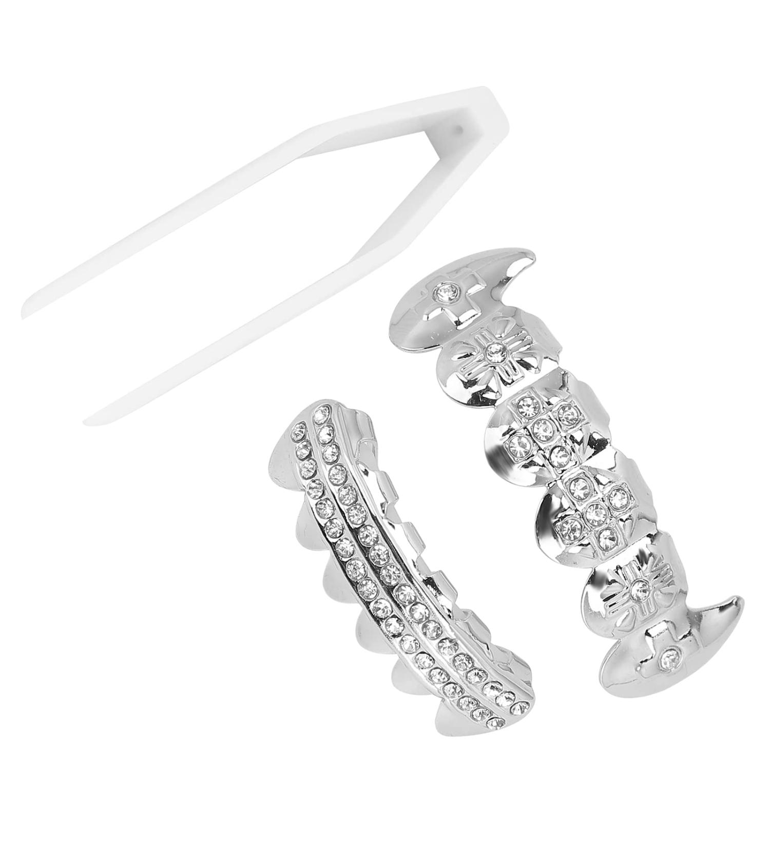 FILFEEL Electroplate Hip Hop False Teeth Set - Reusable Shiny Silver Festival Decoration Brace for Top and Bottom Teeth - Buy Online on GoSupps.com