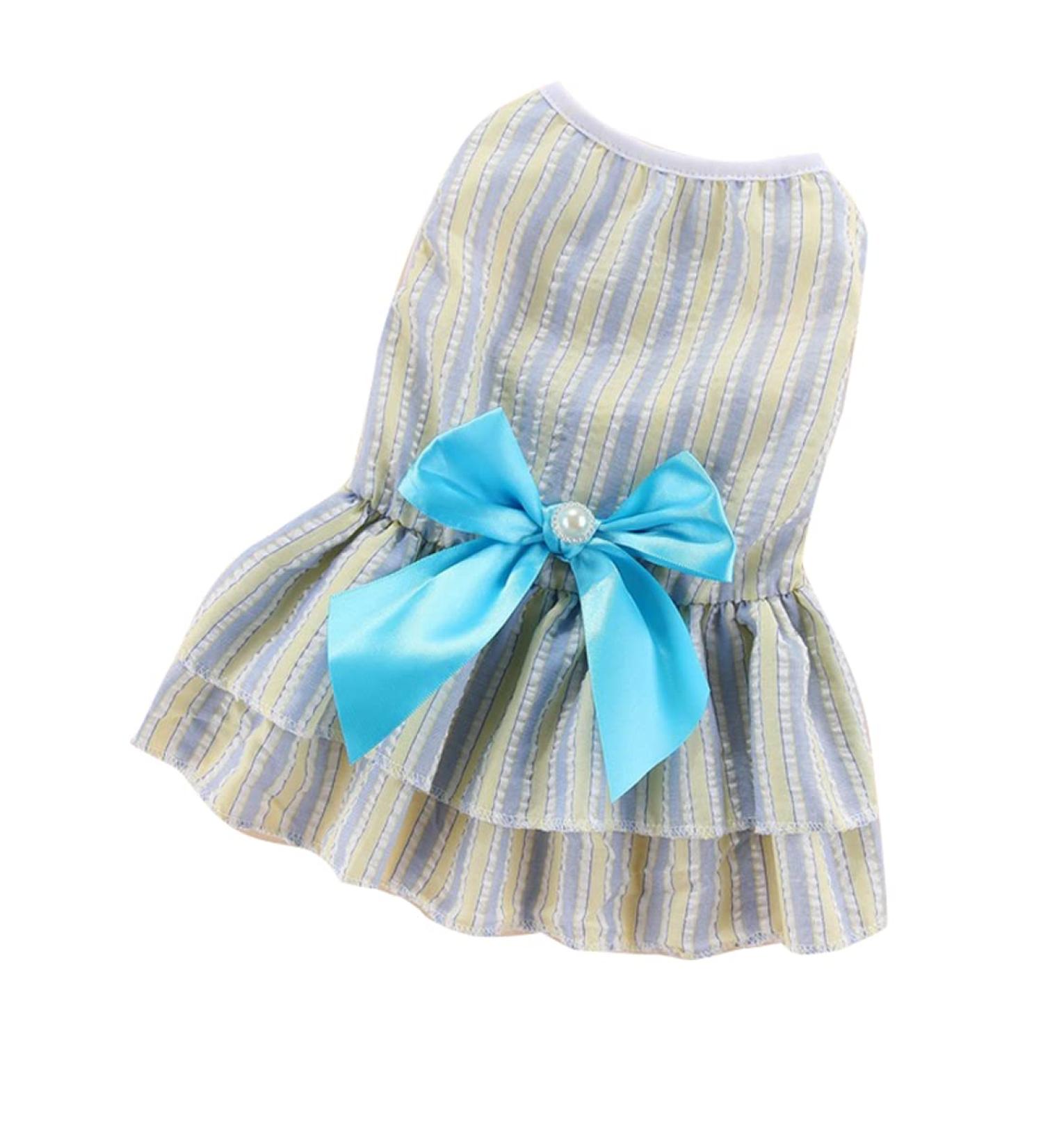 Barrageon Dogs Kneid Sweet Princess Rock Clothing - Summer Bowknot Outfit for Puppies & Cats | Blue Yellow Stripes | Medium Size (20 cm Back Length) - Buy Online on GoSupps.com