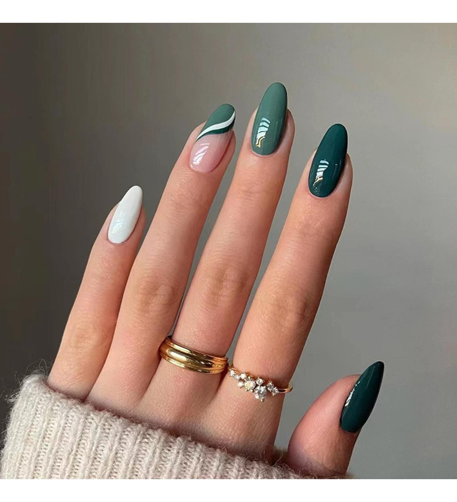 Justotry 24 Pcs Short Almond Fake Nails - Dark Green and White Swirl Designs | Nude French False Nails for Women | Oval Press On Nails with Glue - Teal3 - Buy Online on GoSupps.com