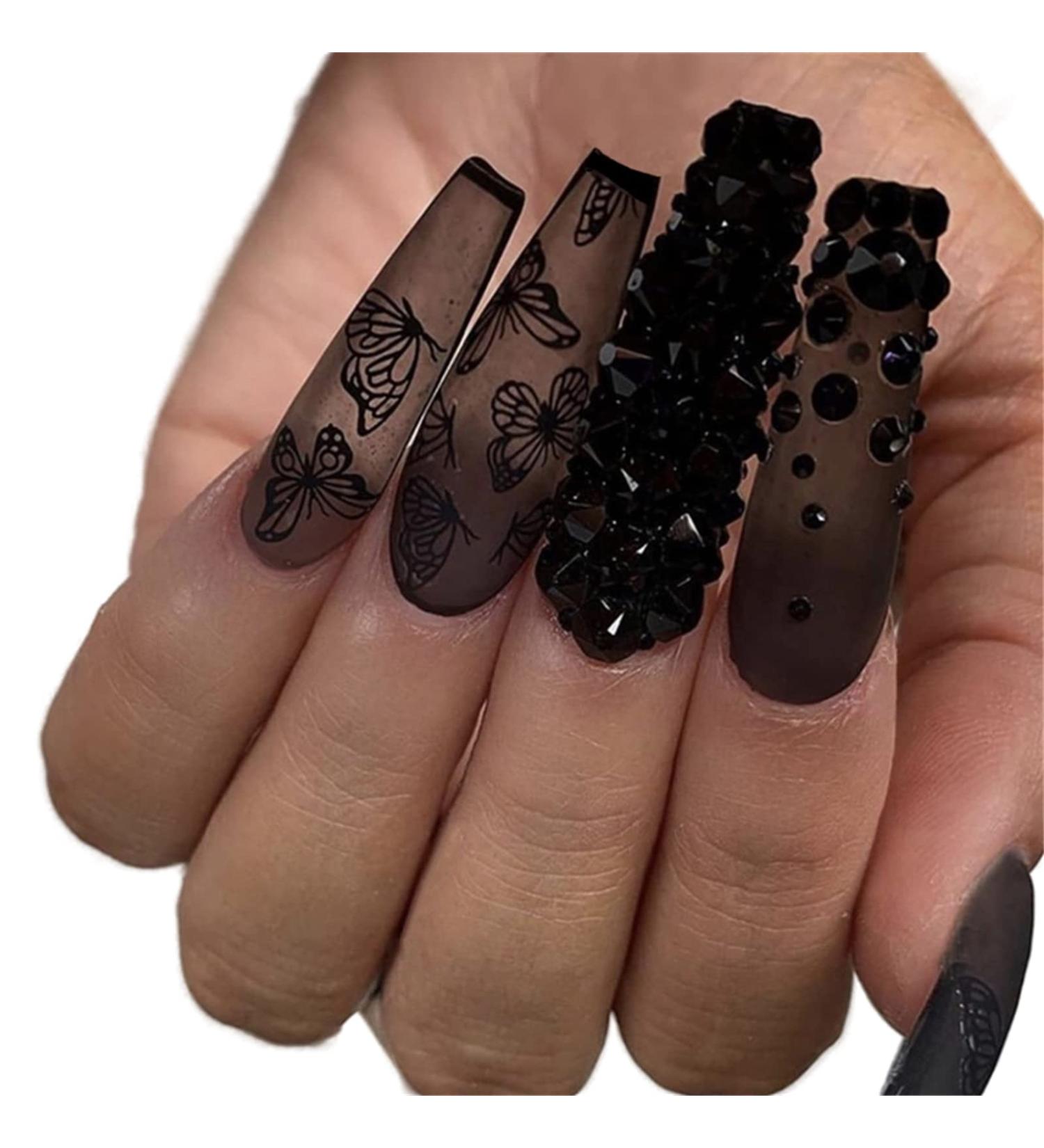 False Nails Long Square Full Cover Glue Included Black Butterfly with Diamond Matte Press on Nails 24 Pieces Nail Art Tip with Box for Nail Salons and Women DIY Nail Art - Buy Online on GoSupps.com