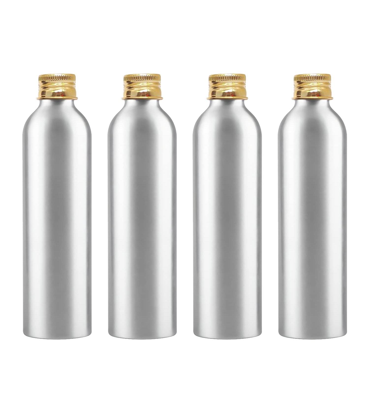 Zeoabsy 250ml Round Silver Aluminum Bottles - 4 Pack with Gold Screw Lids for Cosmetics Oils & Travel - Buy Online on GoSupps.com