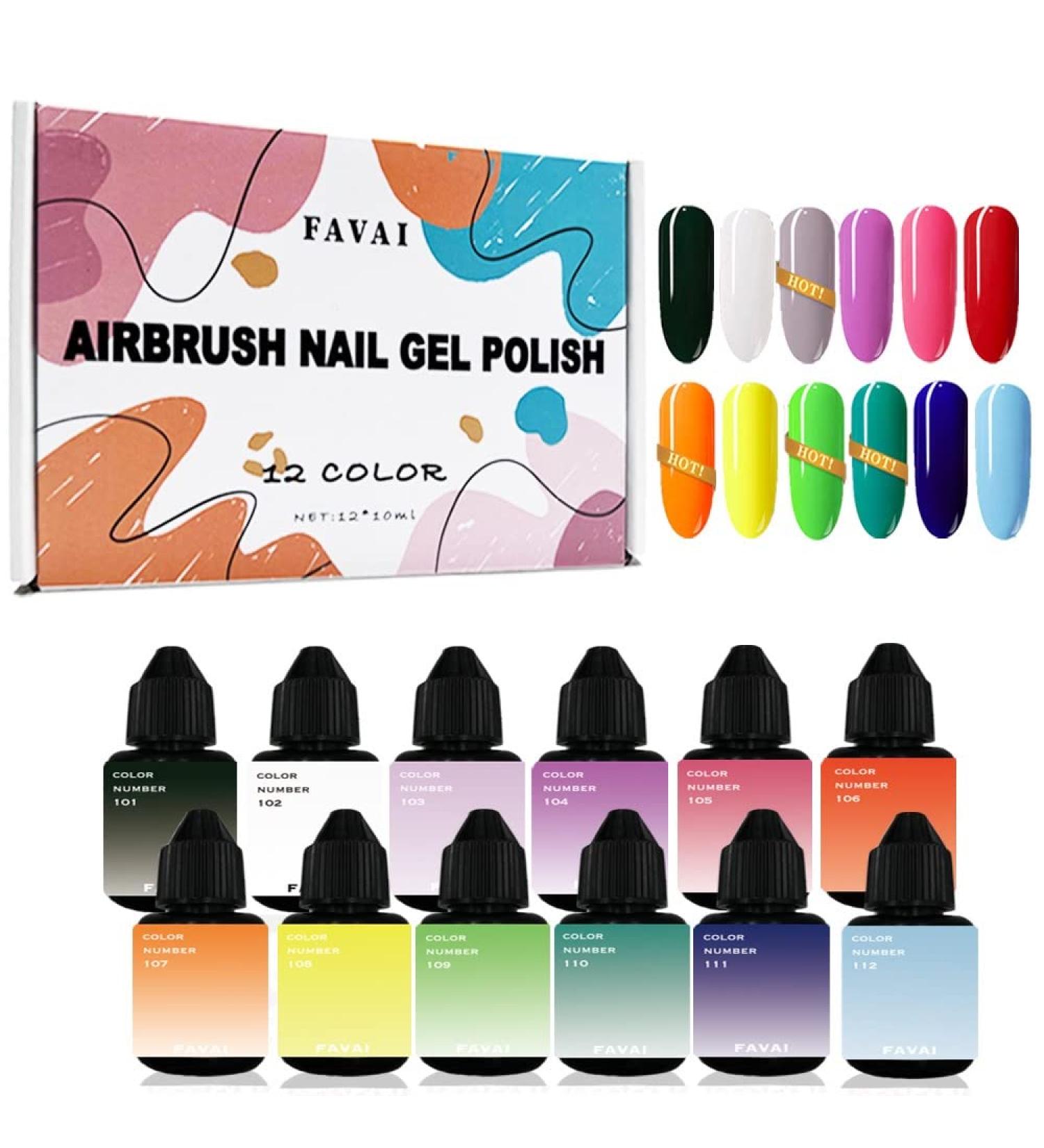 12 Colors Favai Airbrush Gel Nail Polish Set for Spring Summer Nail Art Designs - Long Lasting, Soak Off, French Manicure Stickers & Stencils - 10ml/0.33 Fl oz - Buy Online on GoSupps.com