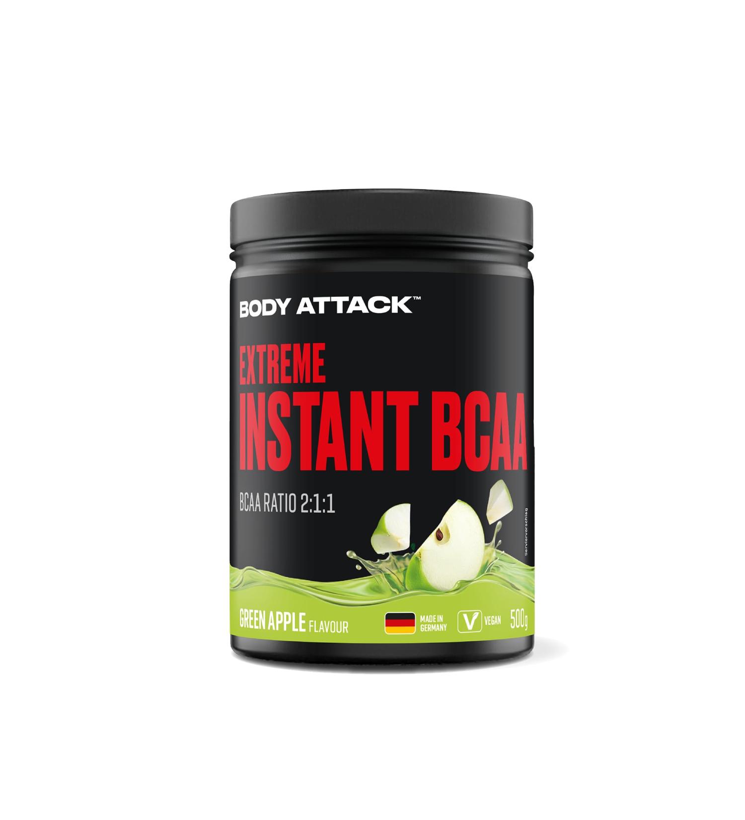 Buy Body Attack Instant BCAA Green Apple 500g - Vegan Sugar-Free Amino Acids for Muscle Building - Made in Germany - Buy Online on GoSupps.com