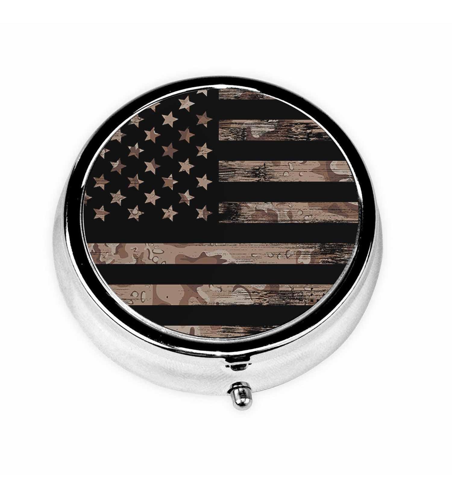 IBILIU American Flag & Desert Camouflage Pill Case - Portable 3 Compartment Metal Vitamin Organizer | Travel-Friendly 2x2 Inch Pill Box - Buy Online on GoSupps.com