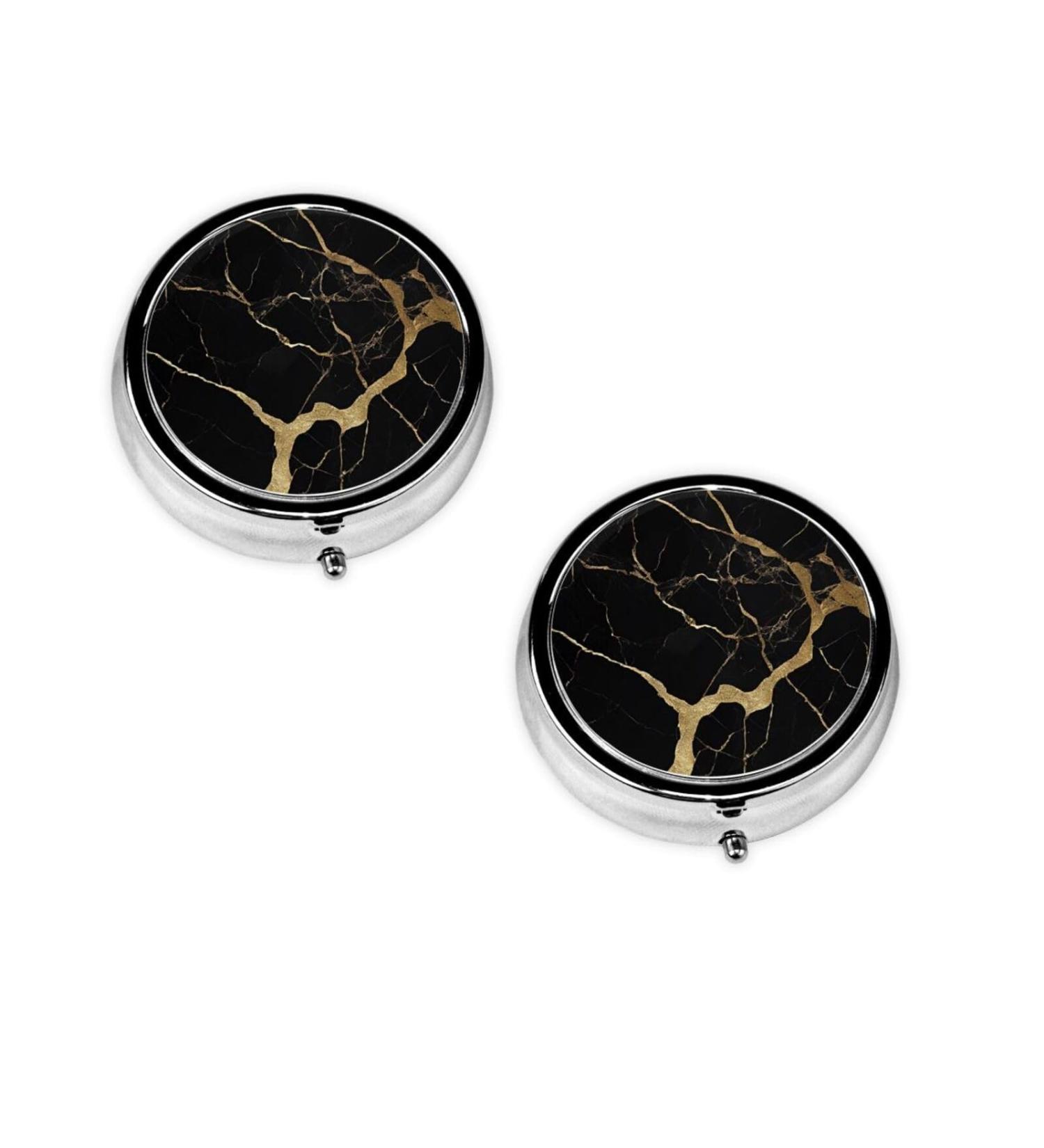 Black Gold Marble Mini Round Pill Box - 3 Compartment Travel Organizer for Medicine | Portable Pill Case for Home & Office - Buy Online on GoSupps.com