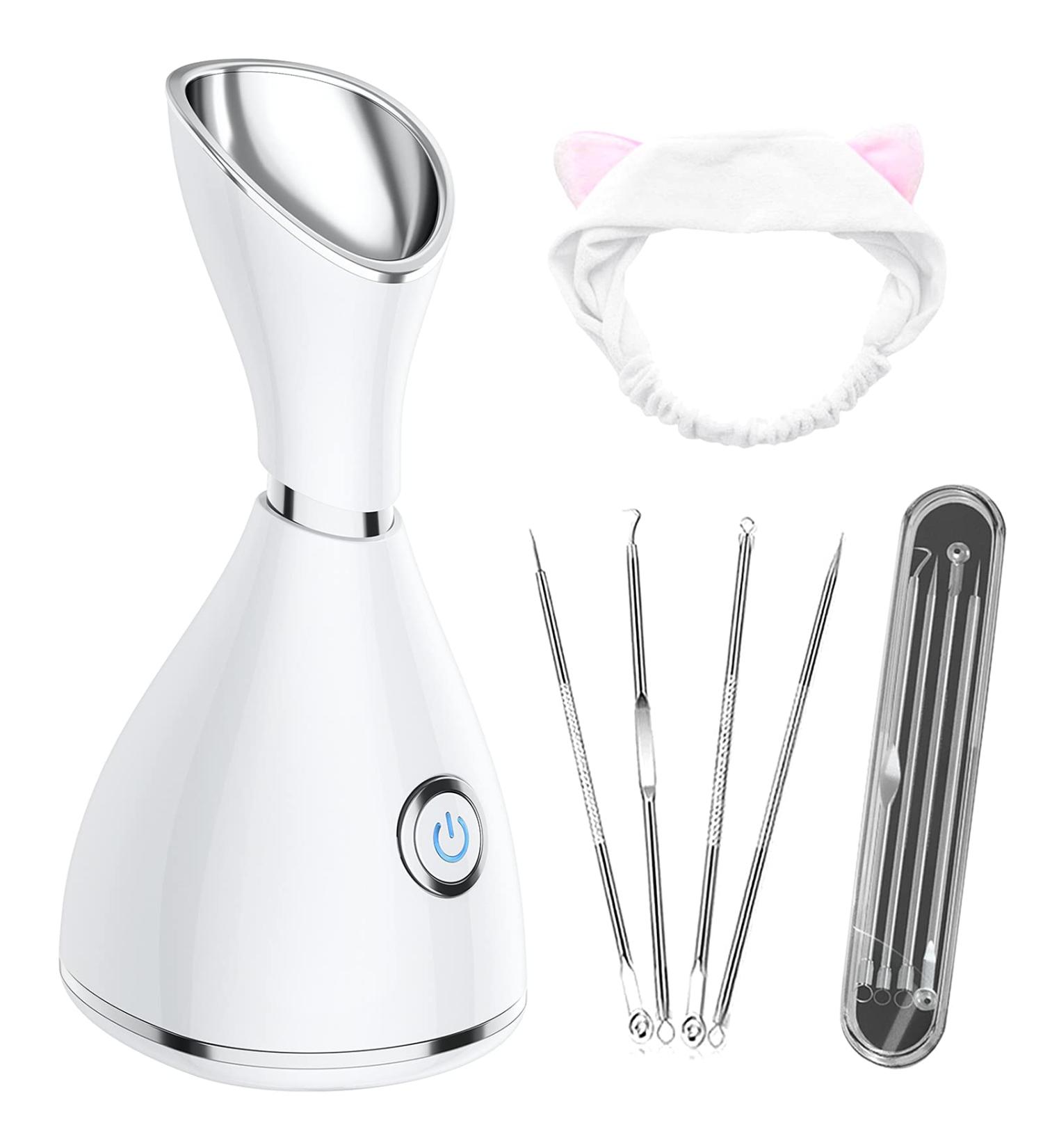 Professional Facial Steamer for Deep Cleaning and Skin Care - Home Spa Warm Ionic Mist Atomizer for Women - Unclog Pores, Moisturize, and Sinus Relief - Includes Bonus Hairband and Stainless Steel Kit (White/Silver) - Buy Online on GoSupps.com