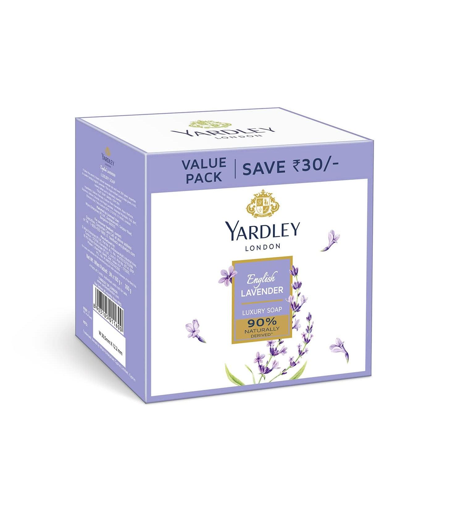 Yardley London English Lavender Luxury Soap - 90% Naturally Derived Daily Bathing Soap for Women | Creamy Lather | Pack of 3 (100g Each - Buy Online on GoSupps.com