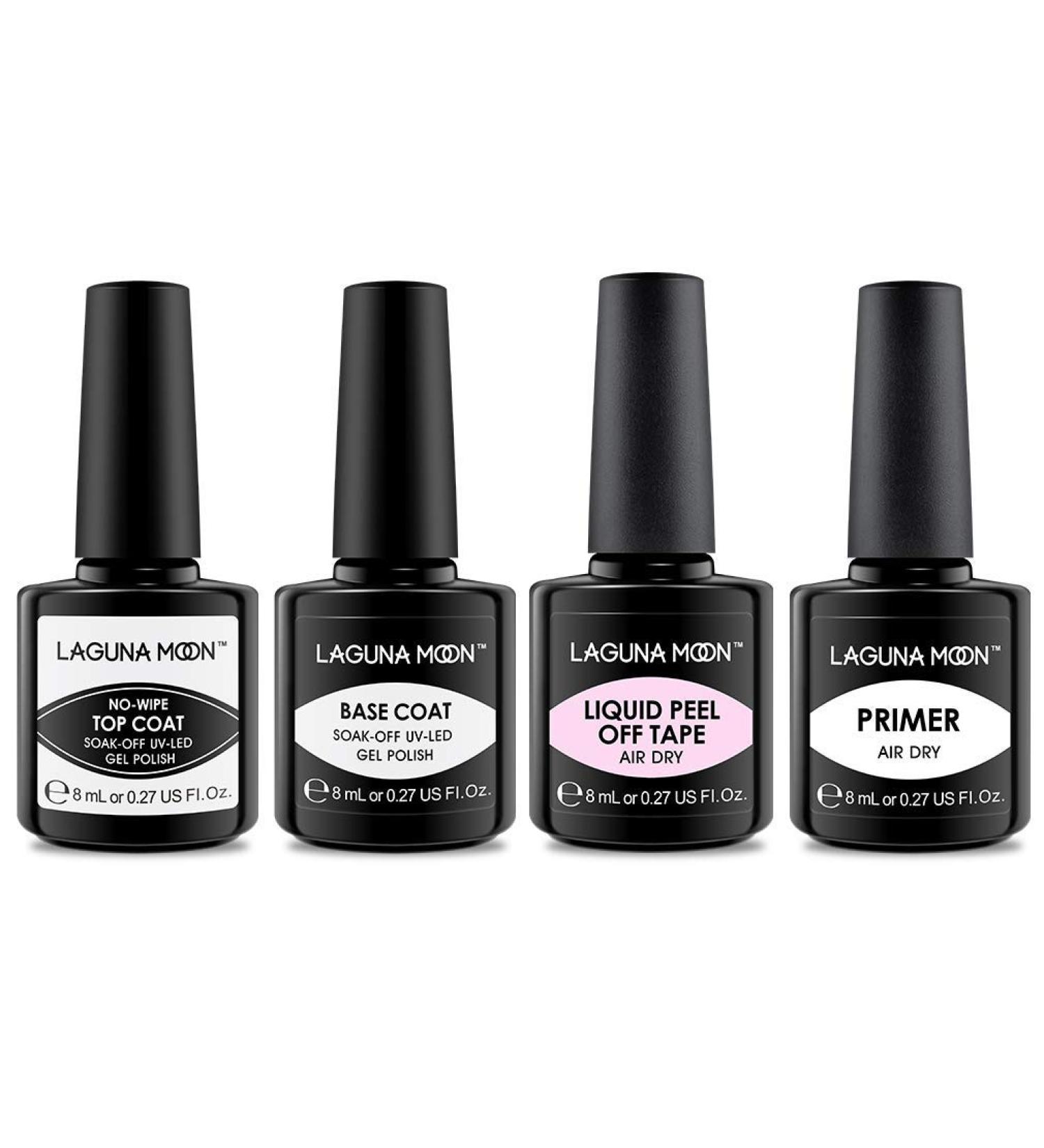 LagunaMoon Gel Nail Polish Set - Primer, Base Coat, Top Coat, Liquid Tape - 8ML (4pcs) - Buy Online on GoSupps.com