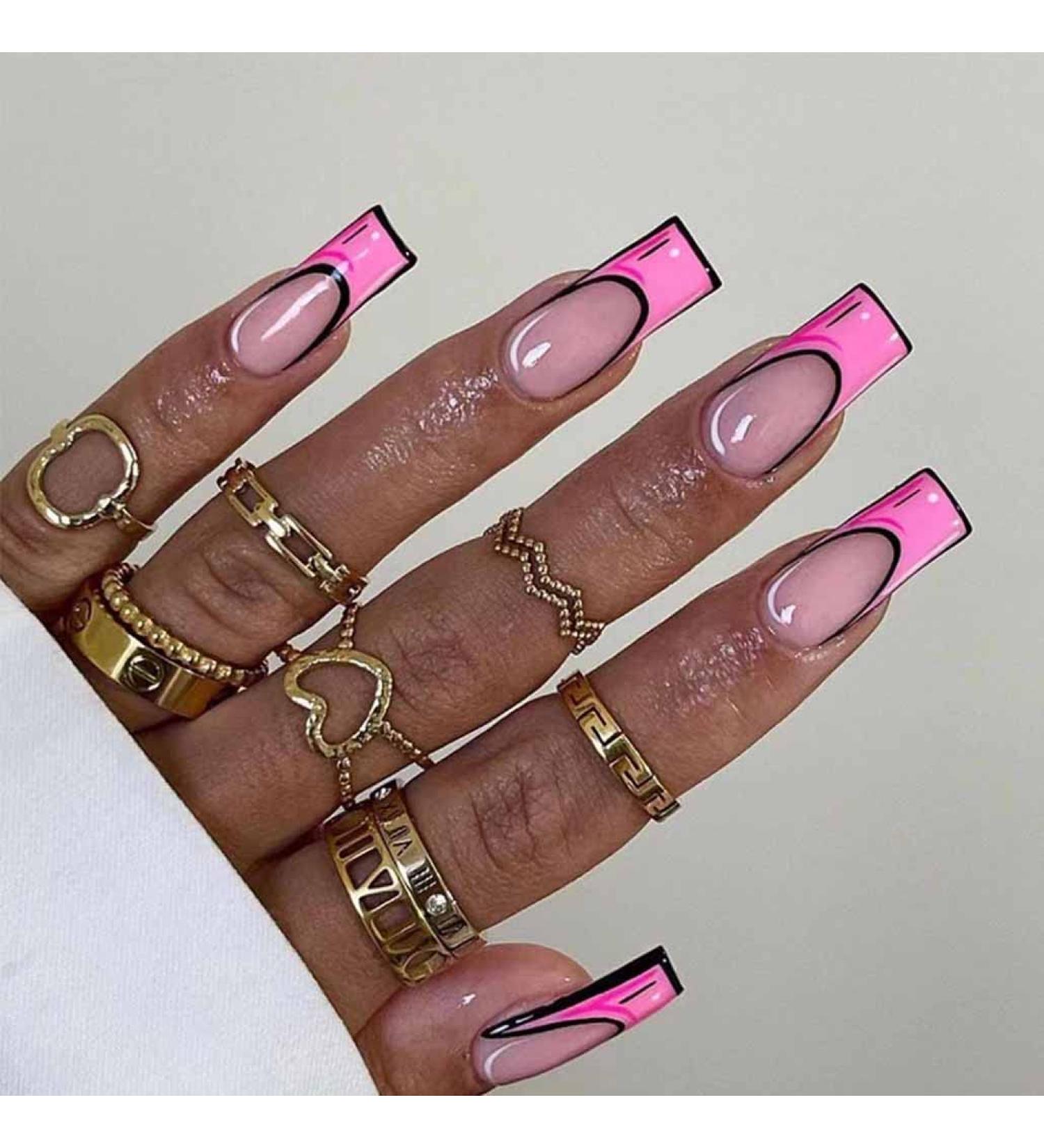 Foccna Pink Medium Long Press on Acrylic Fake Nails - 24pcs Square French Cartoon False Nails for Women and Girls - Buy Online on GoSupps.com