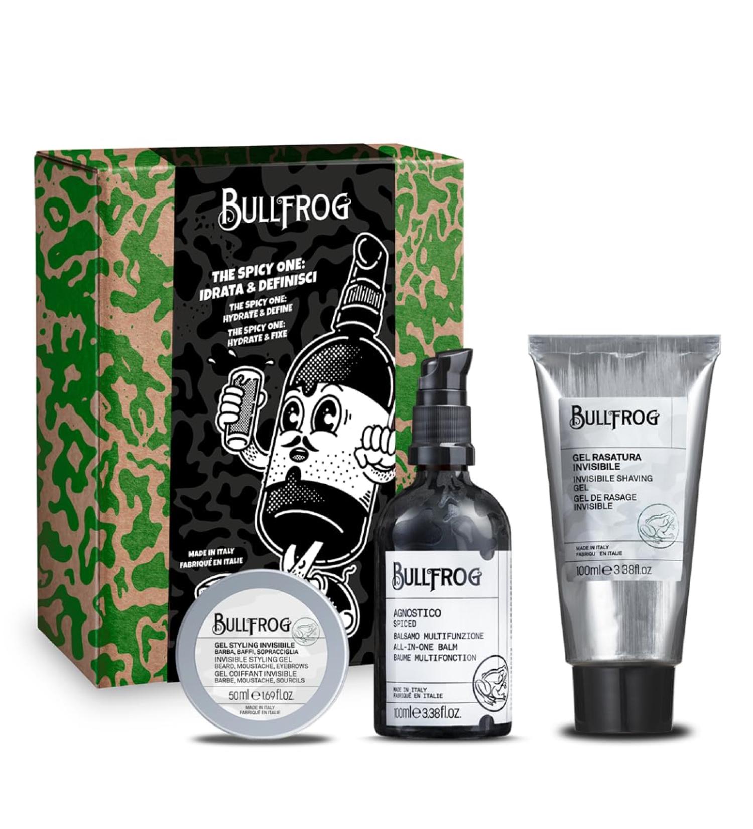  Bullfrog Bullfrog - Kit The Spicy One Hydrate and Define 3 in 1 Limited Edition Agnostic Spiced Multifunction Balm 100ml Invisible Shaving Gel 100ml and Invisible Styling Gel 50ml - Buy Online on GoSupps.com
