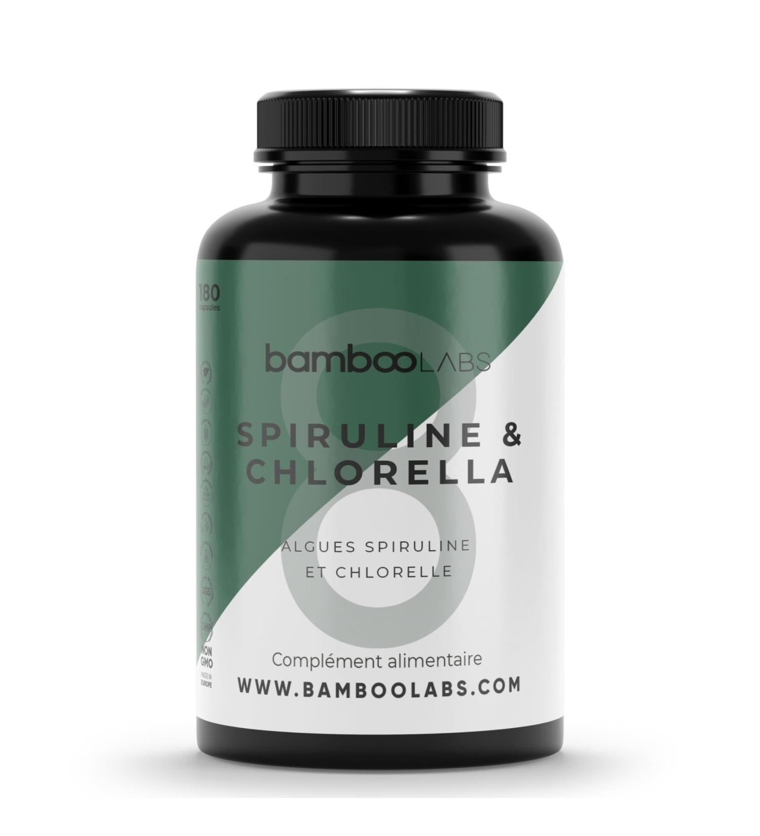 Bamboo Labs - Spirulina and Chlorella Vegan Food Supplements 180 capsules of 1800 mg promote the daily immune system muscle recovery and offer a Satiety effect - Buy Online on GoSupps.com