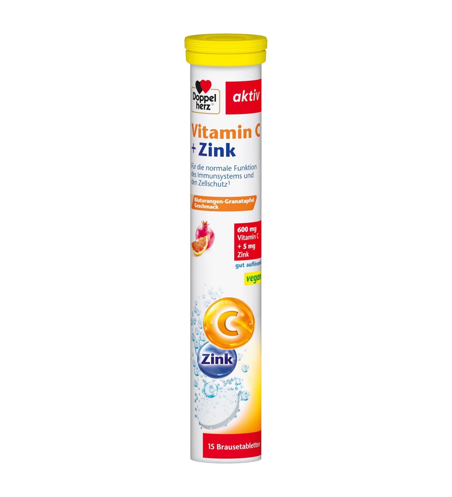 Double Heart Vitamin C + Zinc | Immune Support & Cell Protection | Vegan Effervescent Tablets - Blood Orange Pomegranate Flavor - Buy Online on GoSupps.com