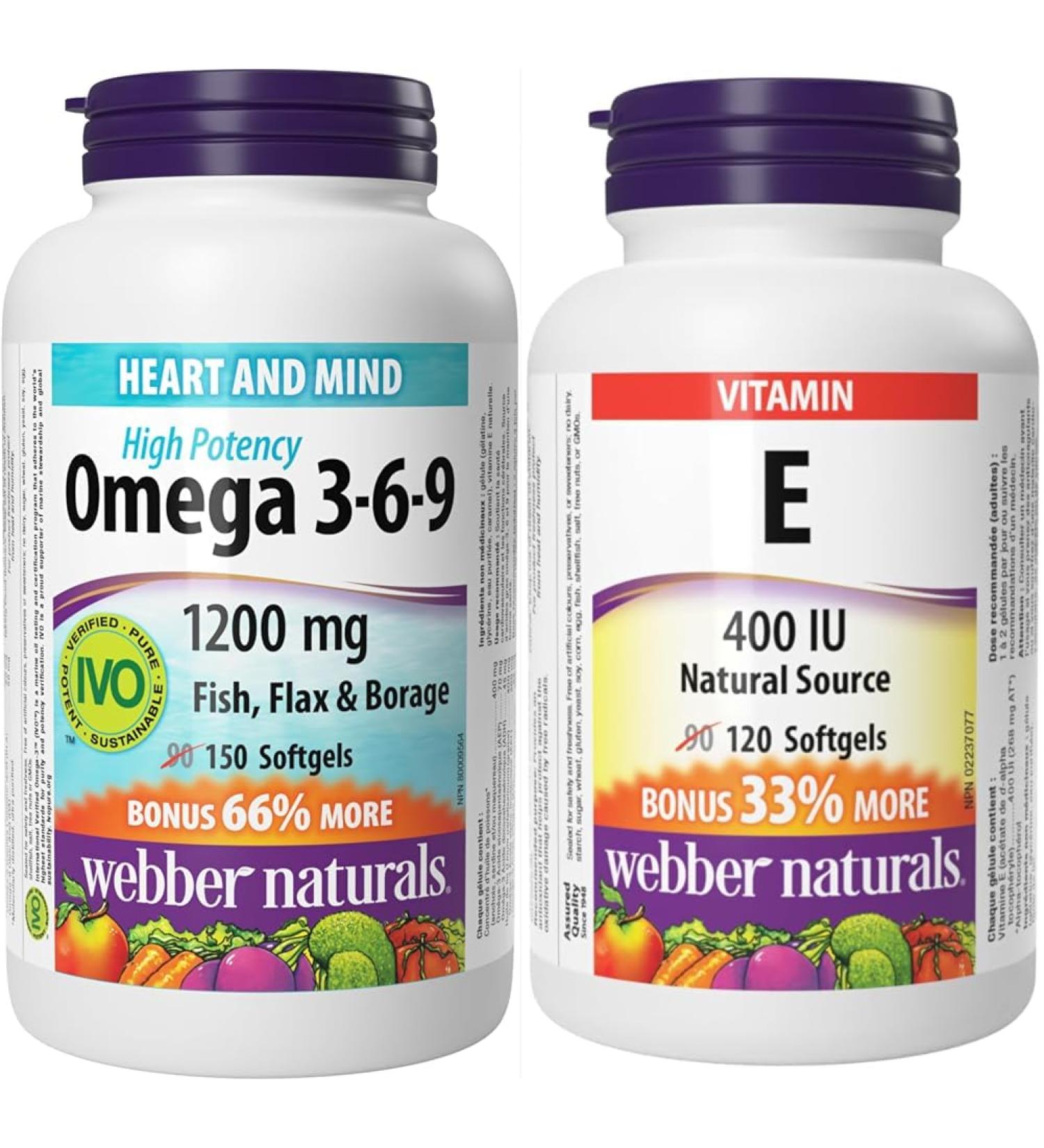 Webber Naturals Omega 3-6-9 1 200 mg Fish Oil 150 Softgels Supports Cardiovascular Health and Brain Function & Vitamin E 400 IU 120 Softgels Natural Source of Vitamin E Antioxidant Support Omega 3-6-9 + Vitamin E 400 IU - Buy Online on GoSupps.com