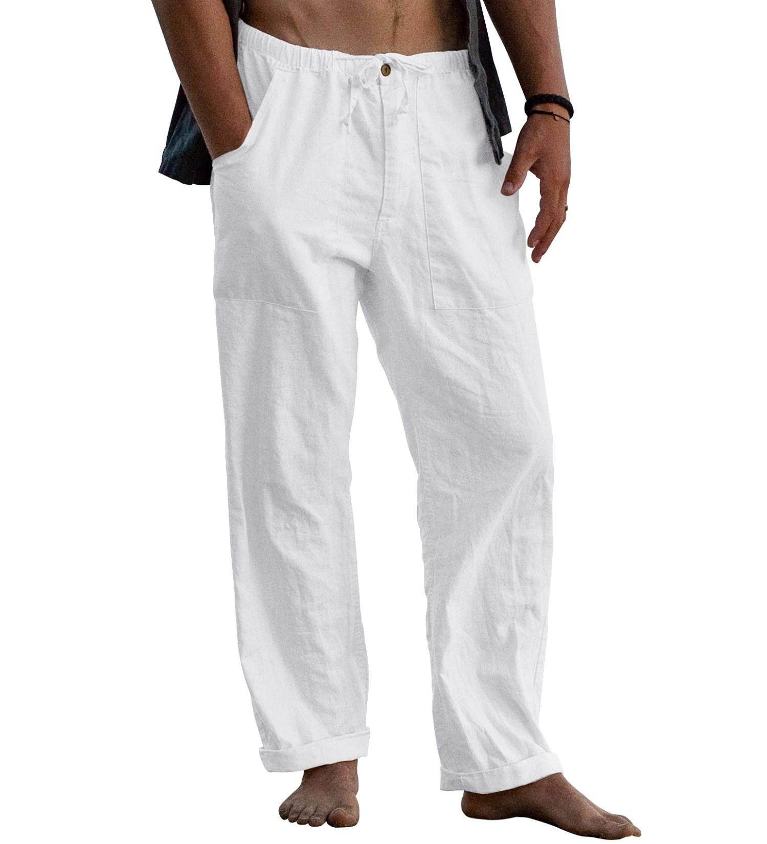 Gafeng Men's Linen Pants - Casual Summer Elastic Waist Drawstring Trousers with Pockets - Buy Online on GoSupps.com