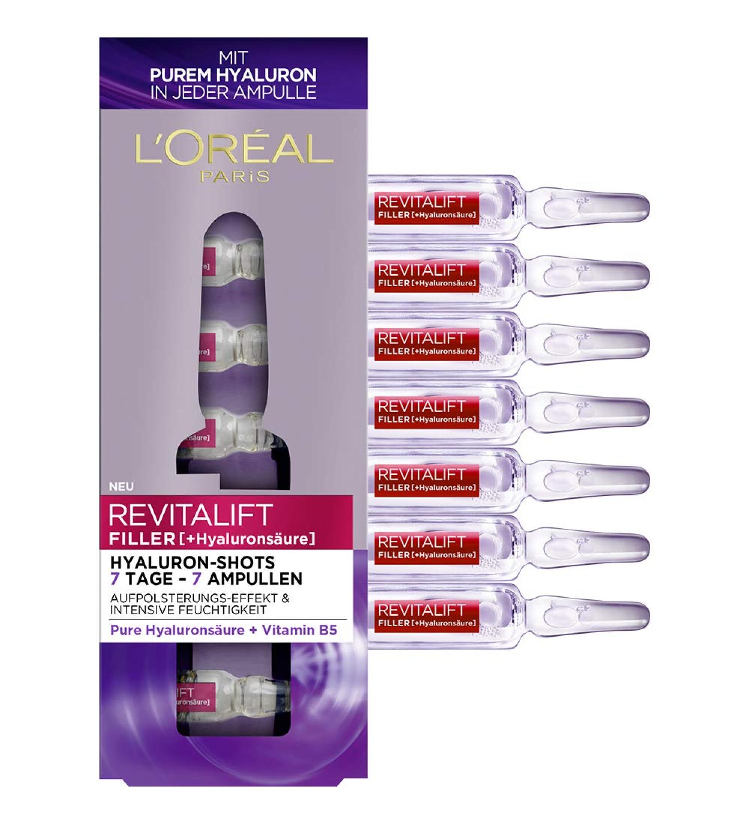 L'Or al Paris LOr al Paris Revitalift Filler hyaluronic acid ampoules highly dosed antiaging filler shots with pure hyaluronic acid for intensive moisture 1 week treatment 7 x 13 ml 1 week treatment 7 x 13 ml - Buy Online on GoSupps.com
