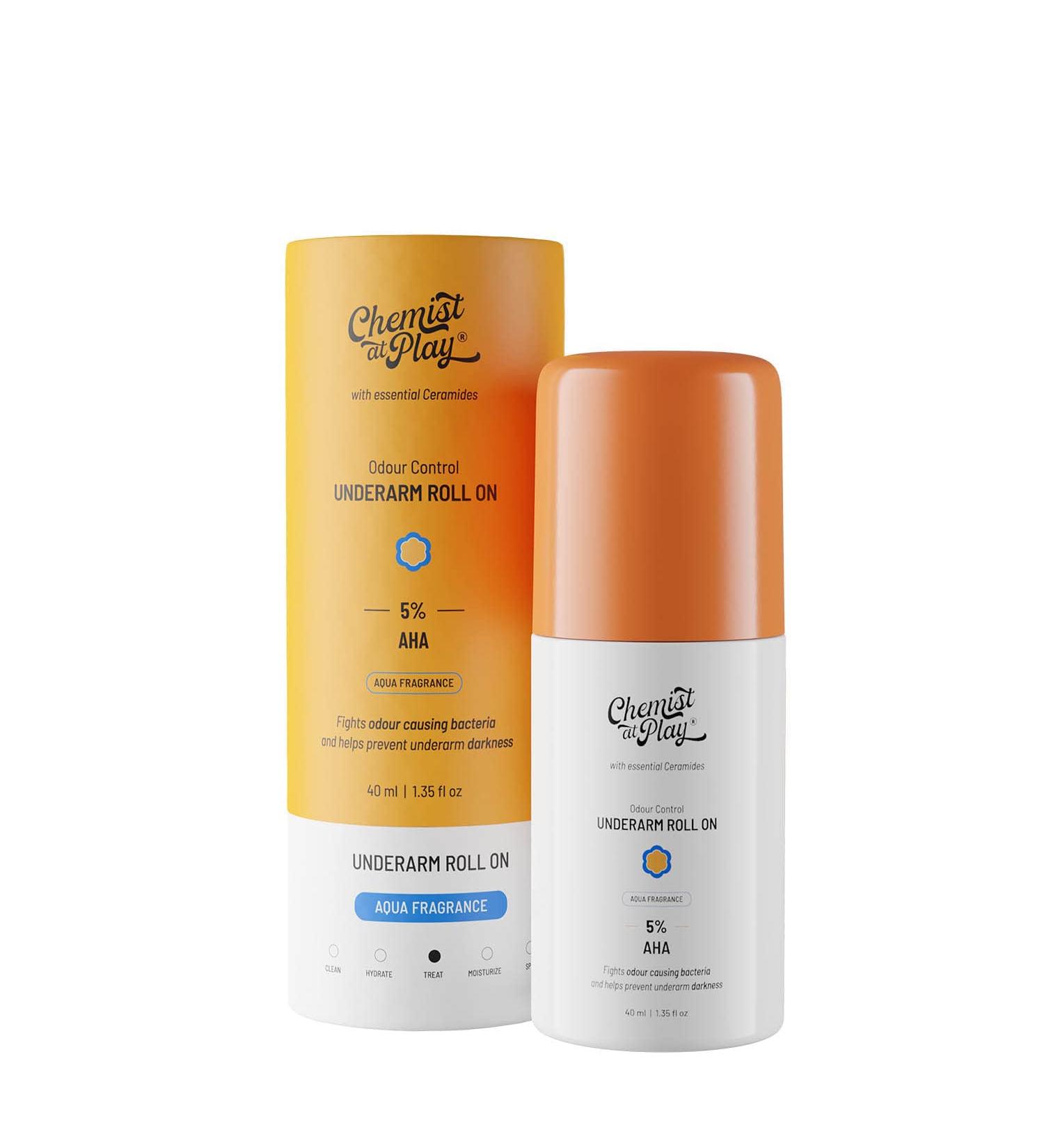 Chemist At Play UnderArm Roll-On | 5% Lactic Acid + 1% Mandelic Acid | Odor Prevention, Skin Brightening, Exfoliation | Long Lasting Aqua Fragrance | Alcohol & Aluminium Free (1.3 oz) - Buy Online on GoSupps.com