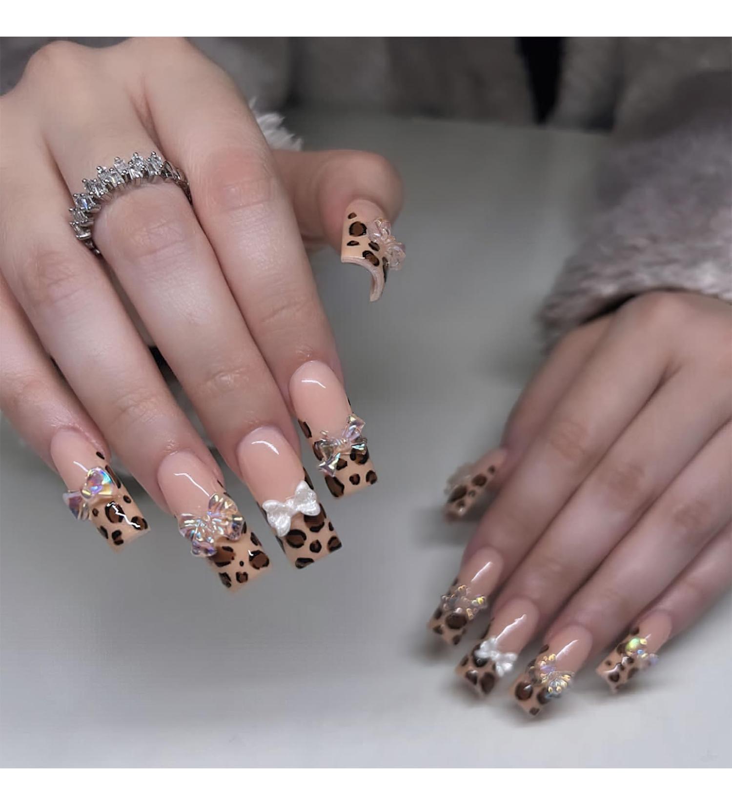 Shop Glossy Brown Leopard Print French Tip Press On Nails - 24pcs Long Square Acrylic Nails with 3D Bow Designs | Cute Full Cover Glue-On Nails for Women - Buy Online on GoSupps.com