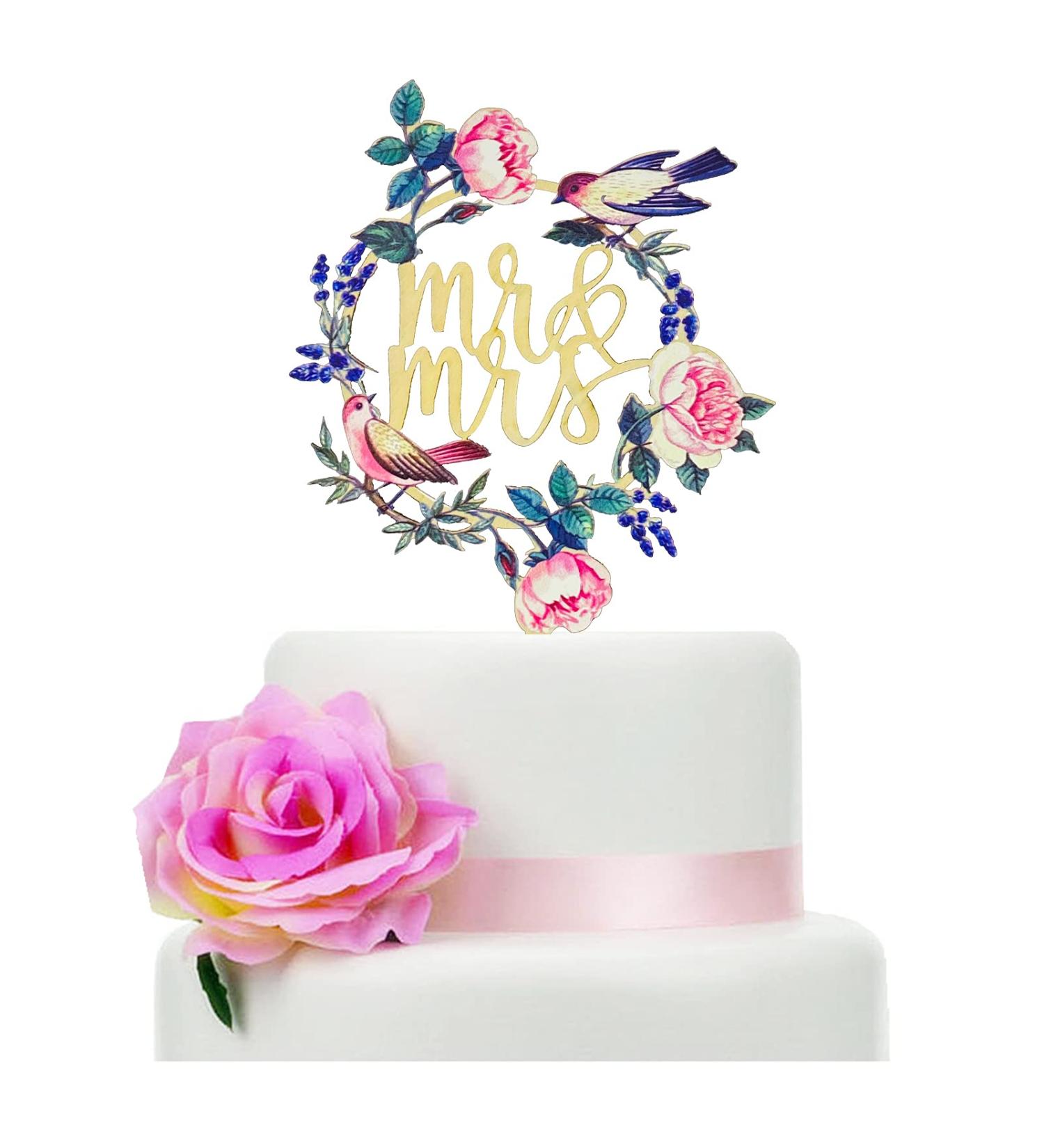 YzYbuaego Mr & Mrs Cake Topper Color Printing Wooden Wreath with Leaves Flowers and Birds Wedding Cake Topper Floral Wedding Cake Decor (Flowers and Birds) - Buy Online on GoSupps.com